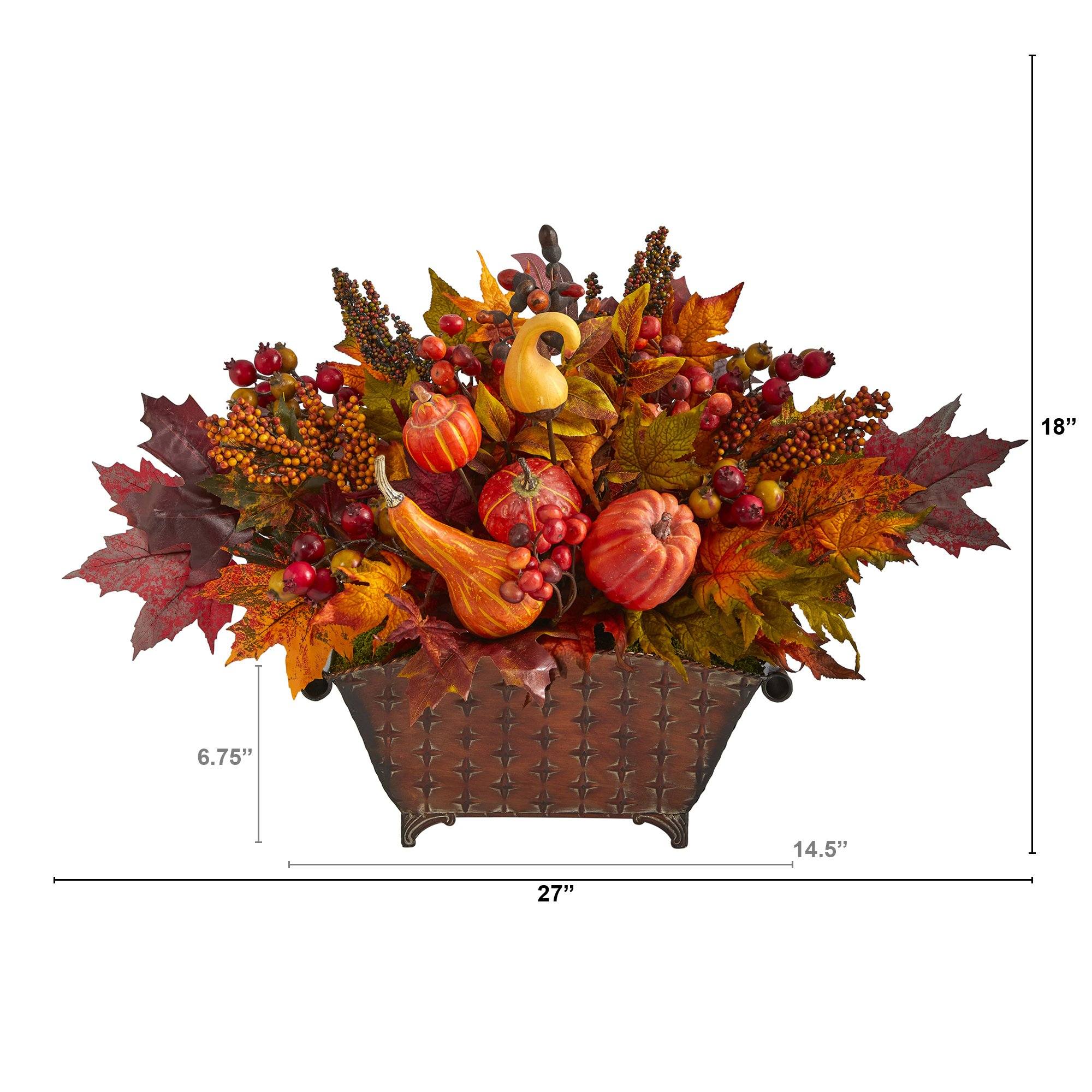 27” Pumpkin, Maple Leaf and Berries Artificial Arrangement in Metal Vase - Image 3