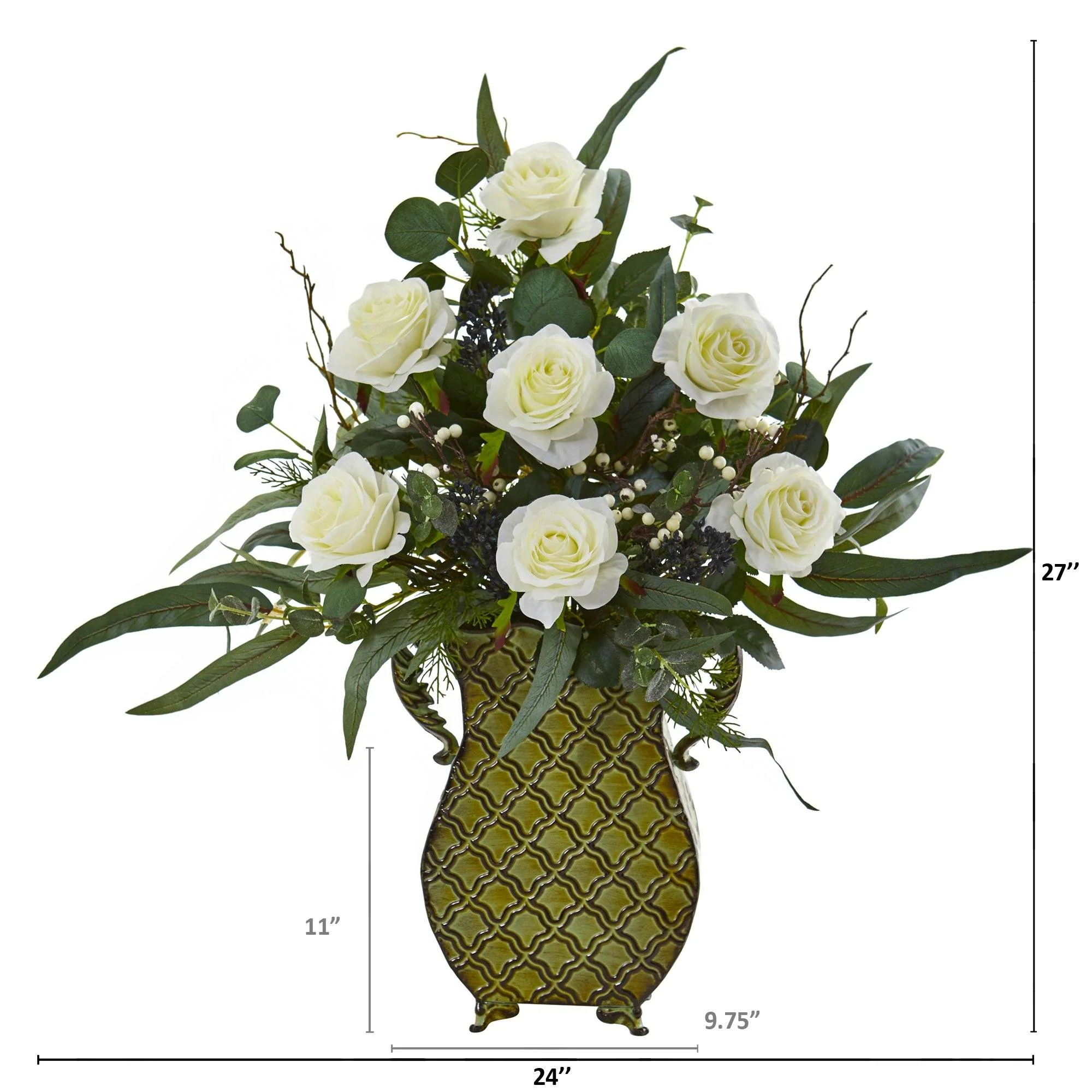 27” Rose and Eucalyptus Artificial Plant in Metal Planter - Image 2