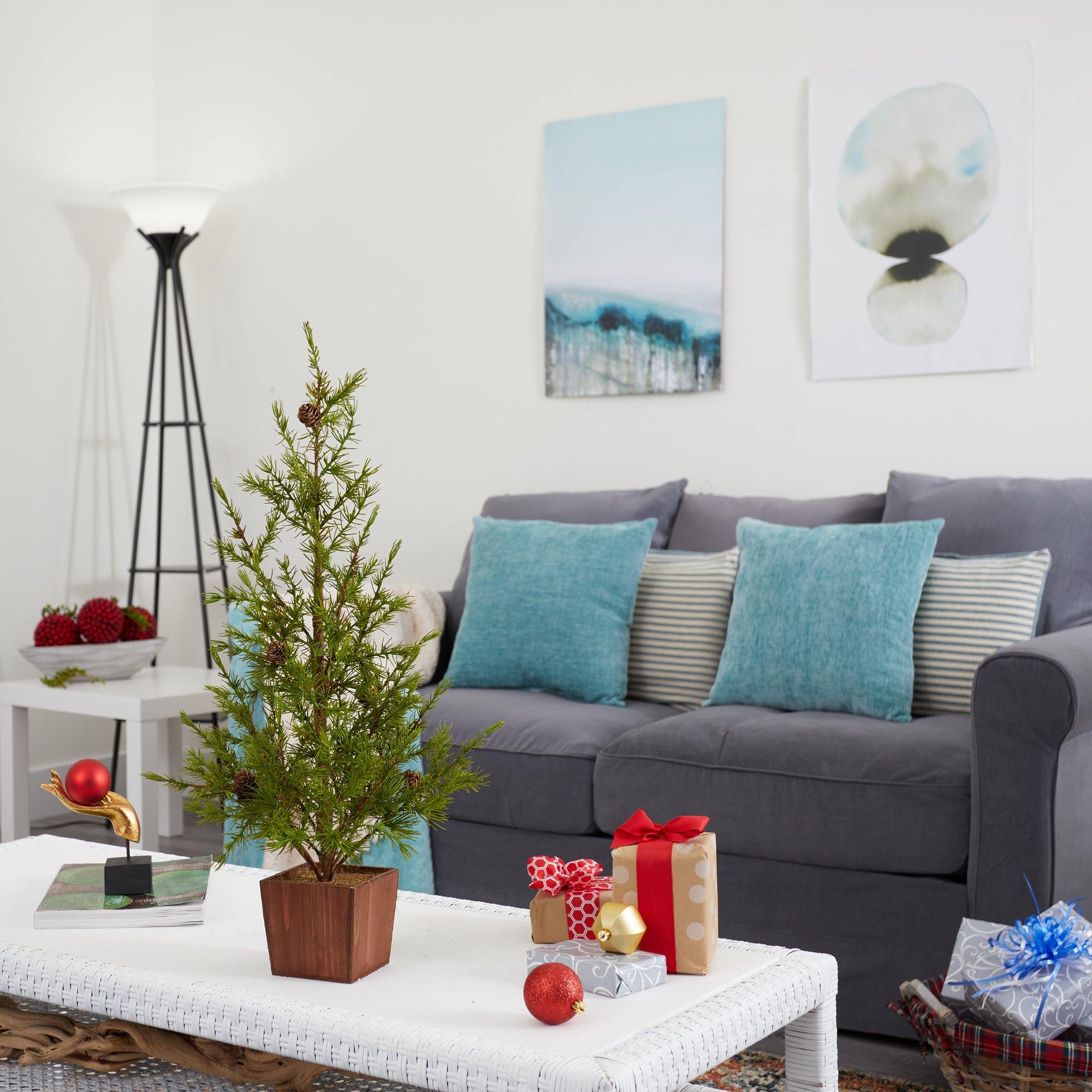 28” Alpine “Natural Look” Artificial Christmas Tree in Wood Planter with Pine Cones - Image 3
