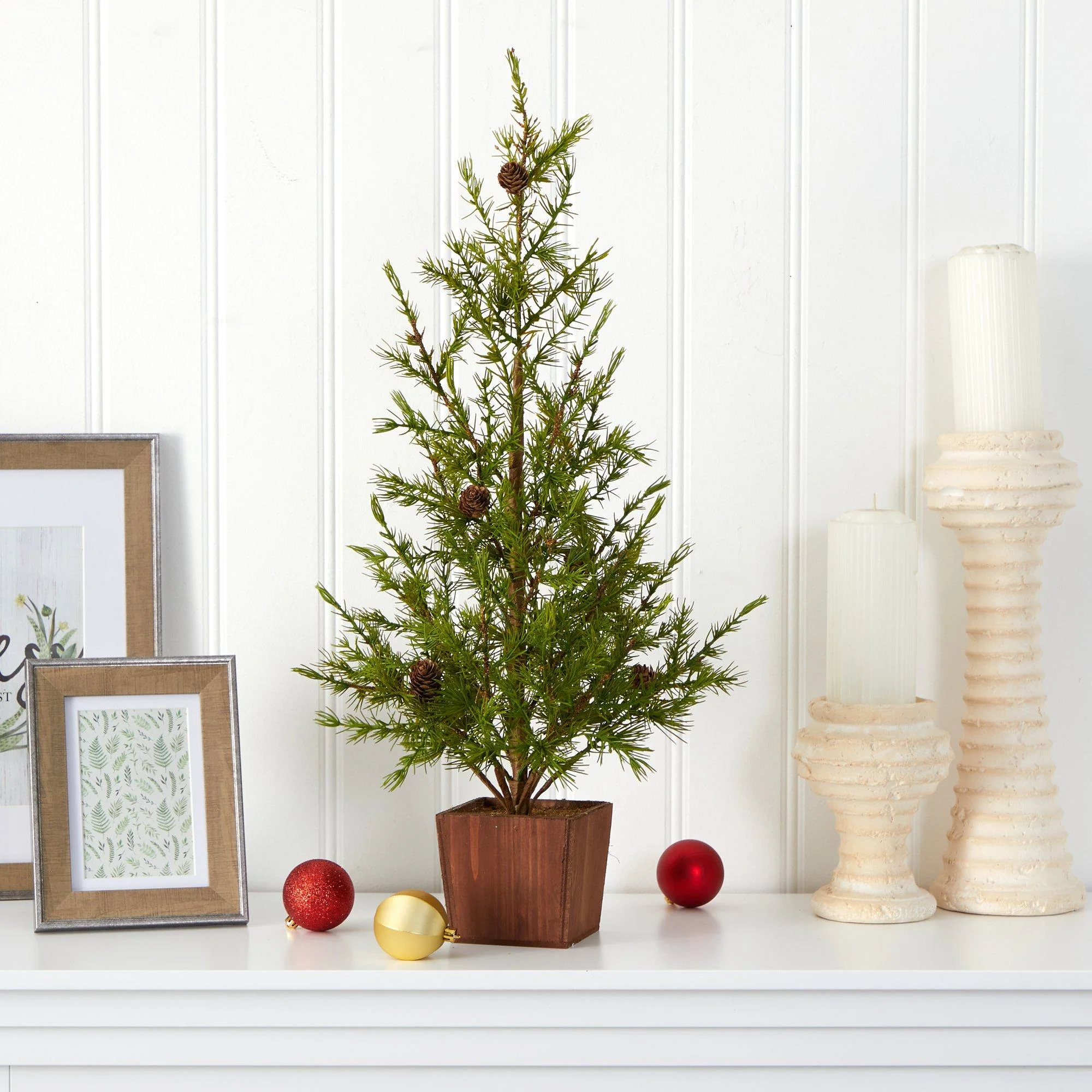 28” Alpine “Natural Look” Artificial Christmas Tree in Wood Planter with Pine Cones - Image 4