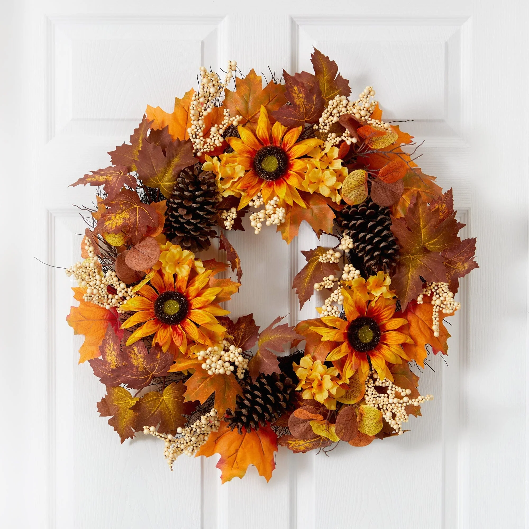 28” Autumn Maple Leaves, Sunflower, White Berries and Pinecones Artificial Fall Wreath - Image 2