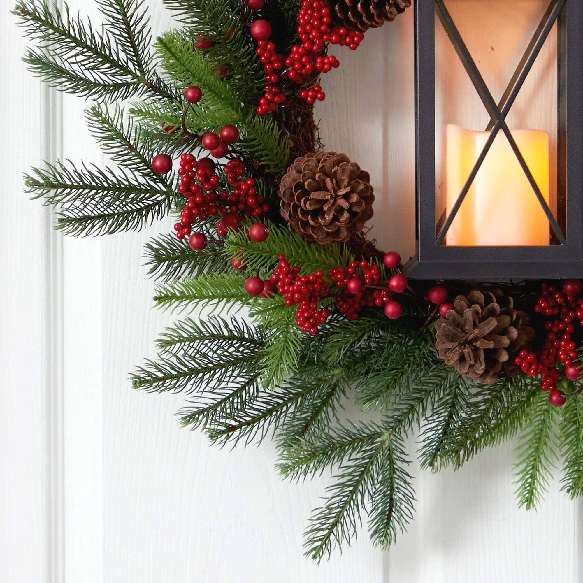 28” Berries and Pine Artificial Christmas Wreath with Lantern and Included LED Candle - Image 2