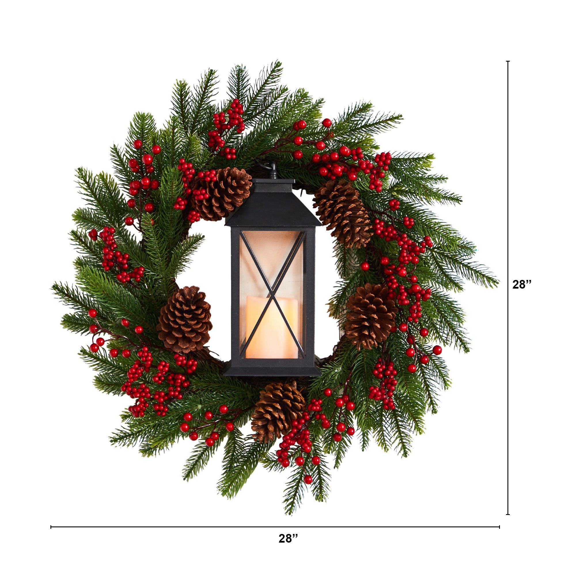 28” Berries and Pine Artificial Christmas Wreath with Lantern and Included LED Candle - Image 3
