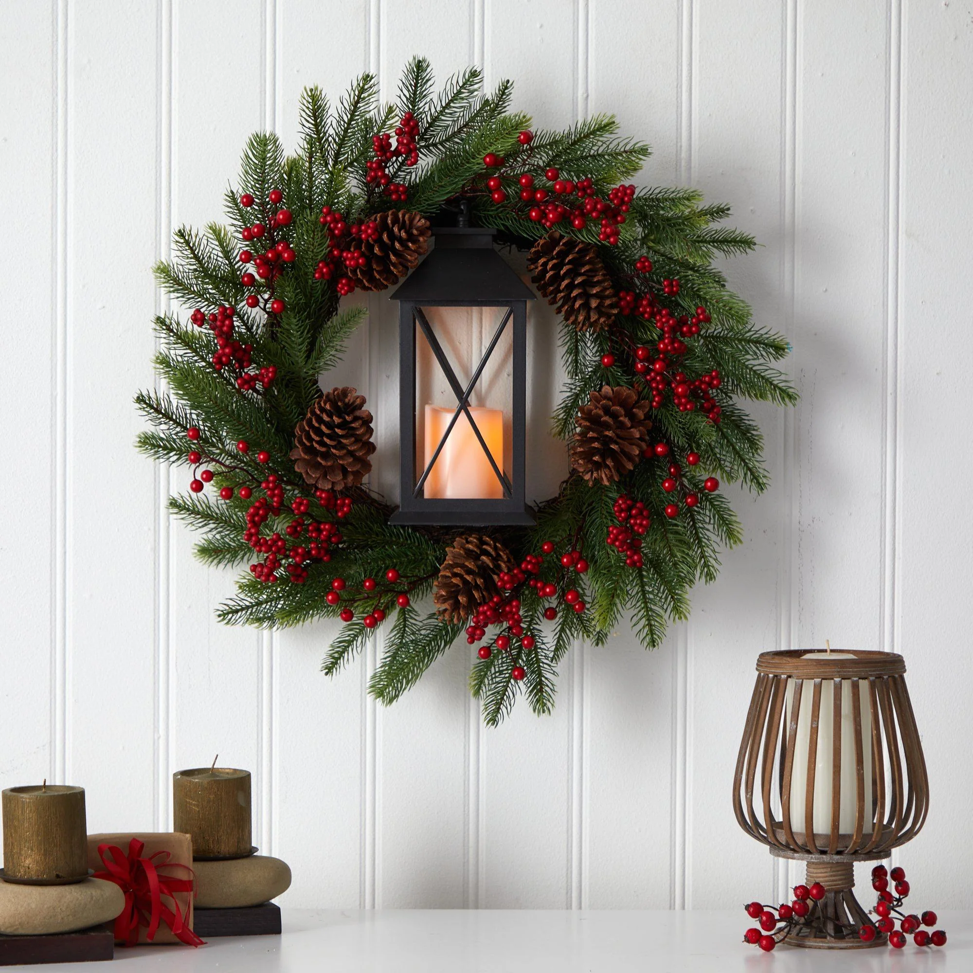 28” Berries and Pine Artificial Christmas Wreath with Lantern and Included LED Candle - Image 4