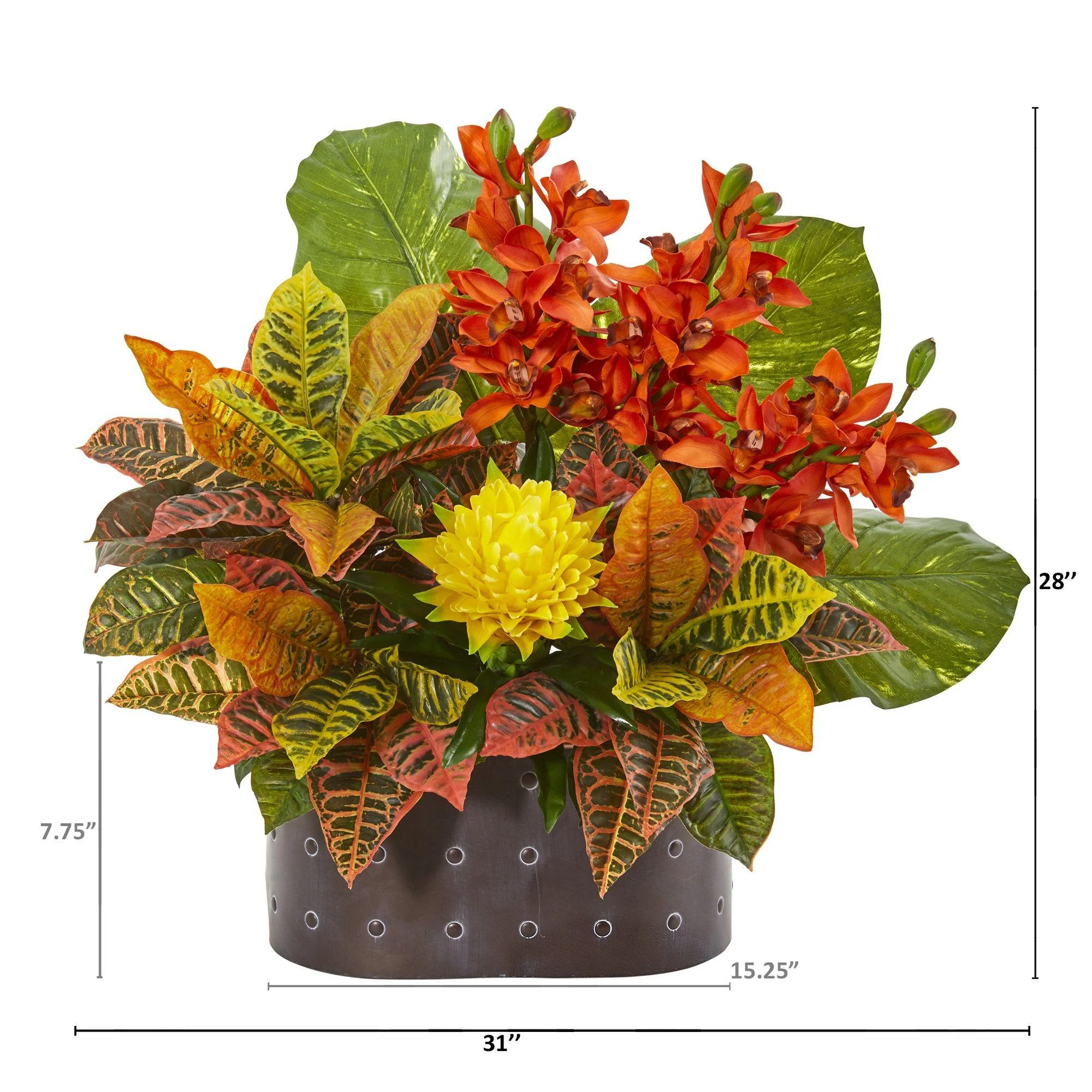 28” Cymbidium Orchid, Bromeliad, Croton and Pothos Artificial Plant - Image 2