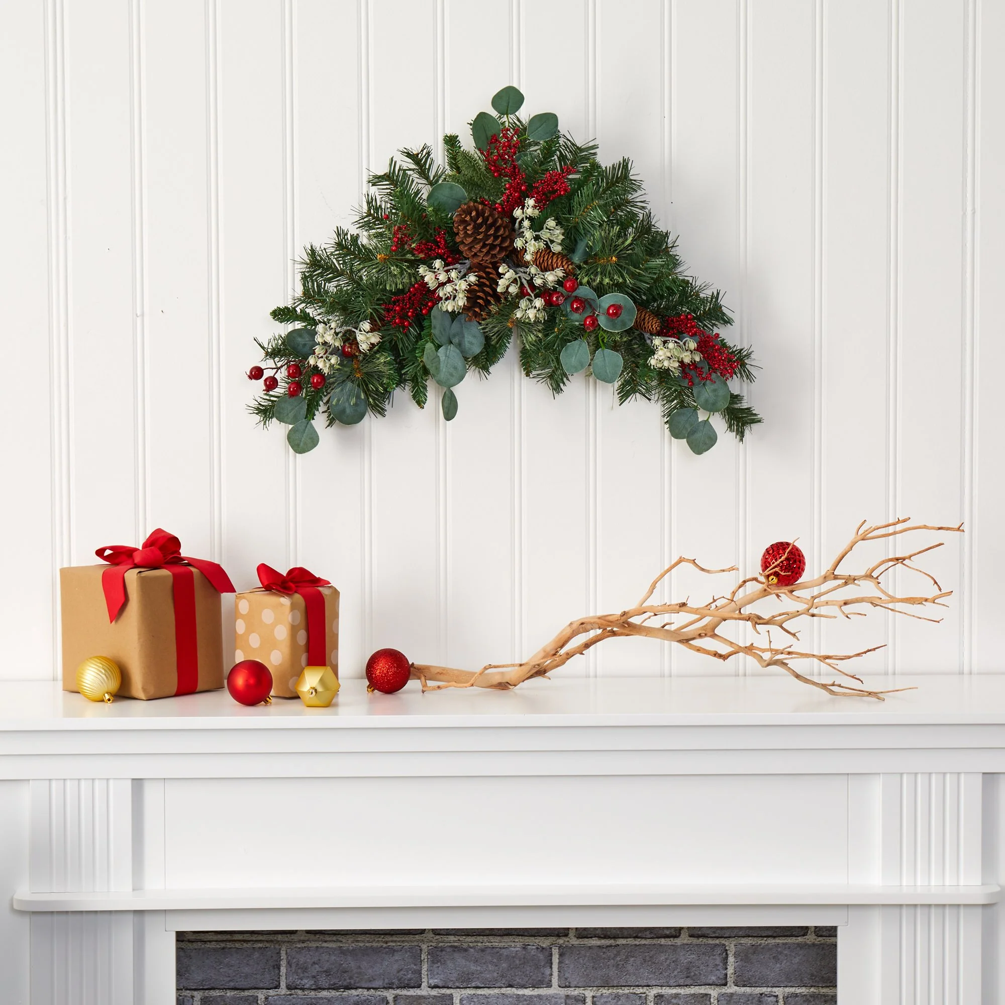 28” Eucalyptus and Pine Artificial Swag with Berries and Pine Cones - Image 3