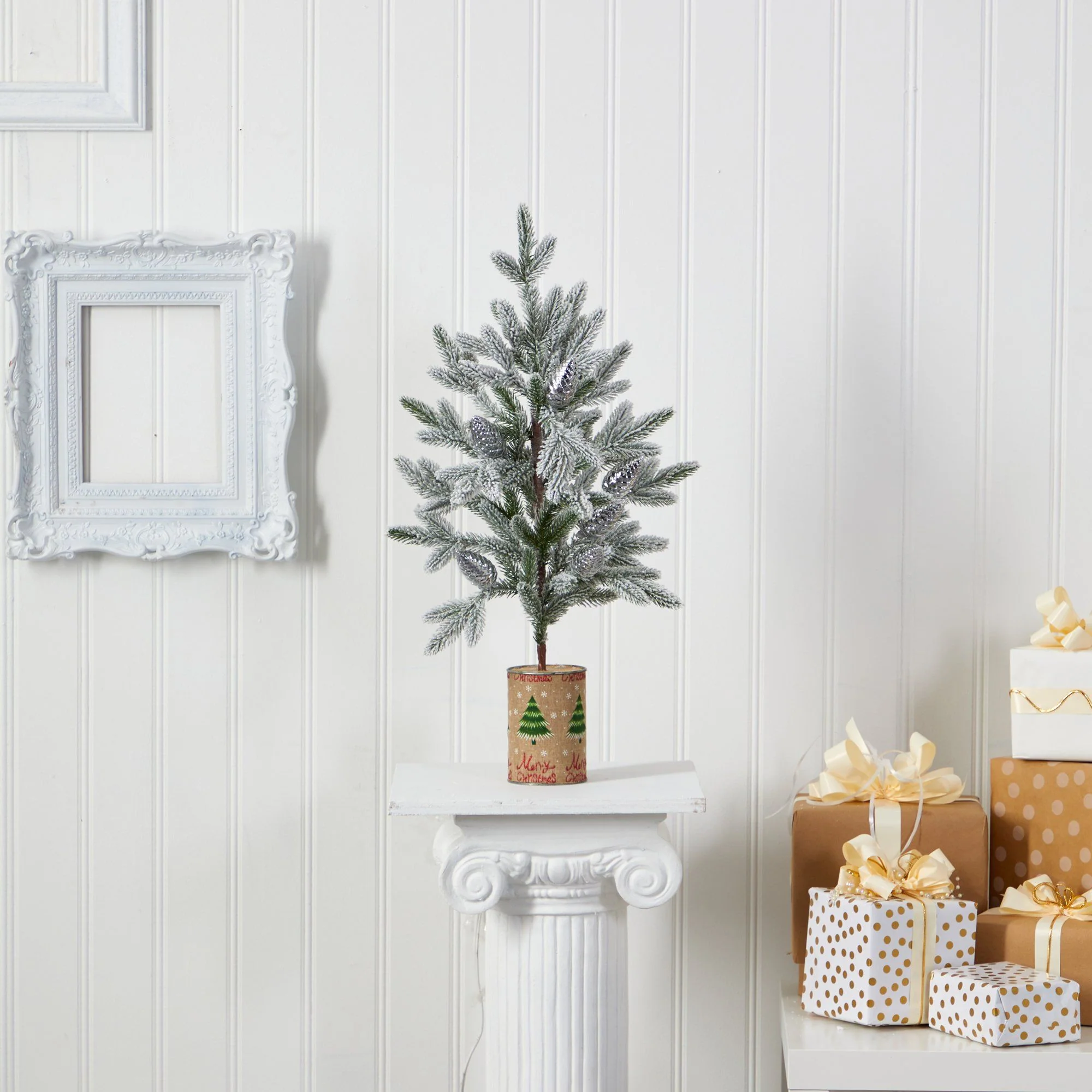 28” Flocked Christmas Artificial Tree in Decorative Planter - Image 5