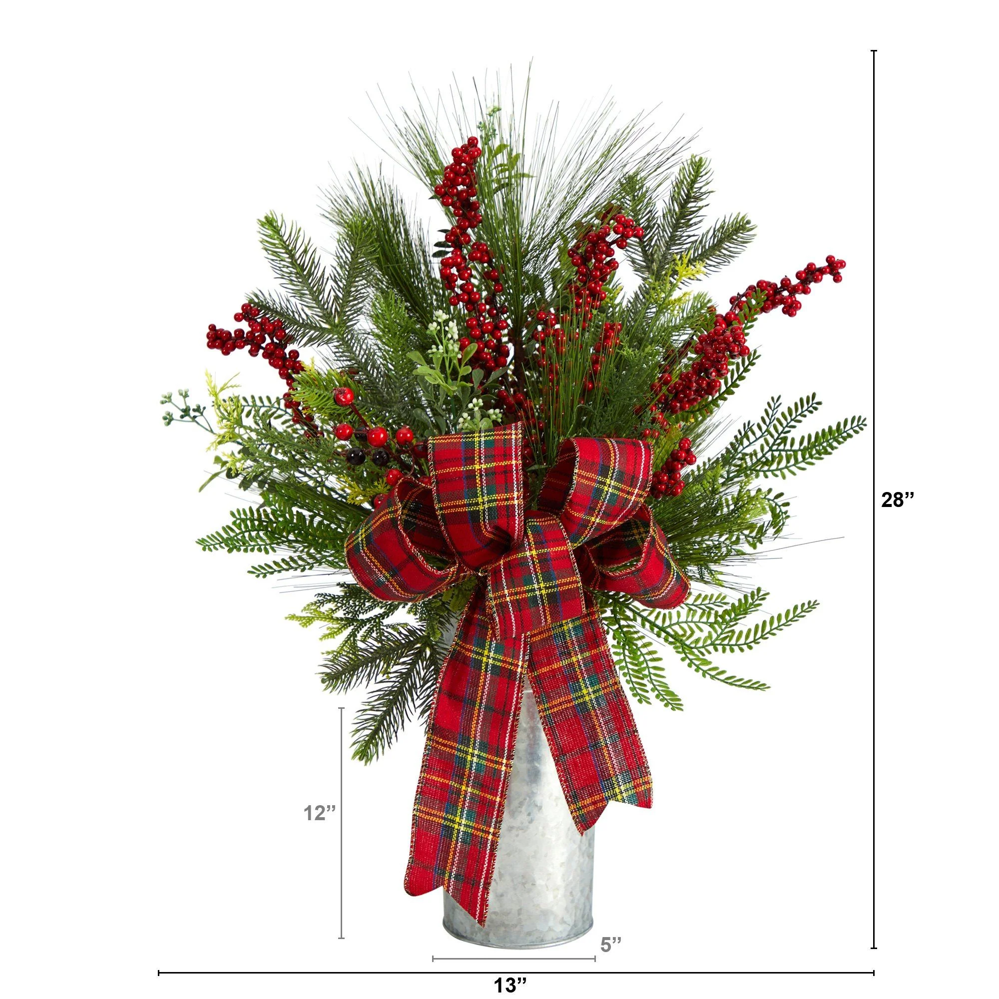 28” Holiday Winter Greenery, Berries and Plaid Bow Artificial Christmas Arrangement Home Décor - Image 2