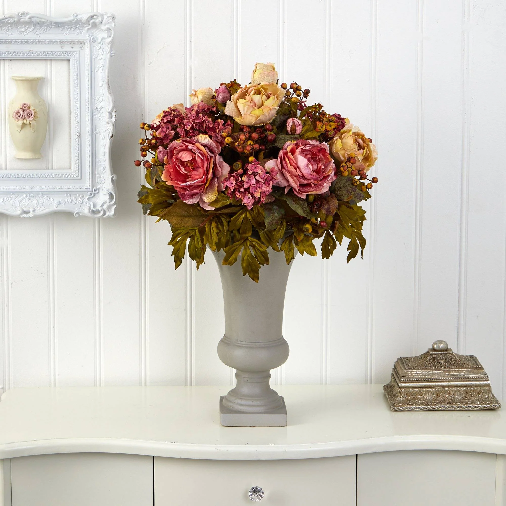 28” Peony Artificial Arrangement in Sand Colored Urn - Image 2