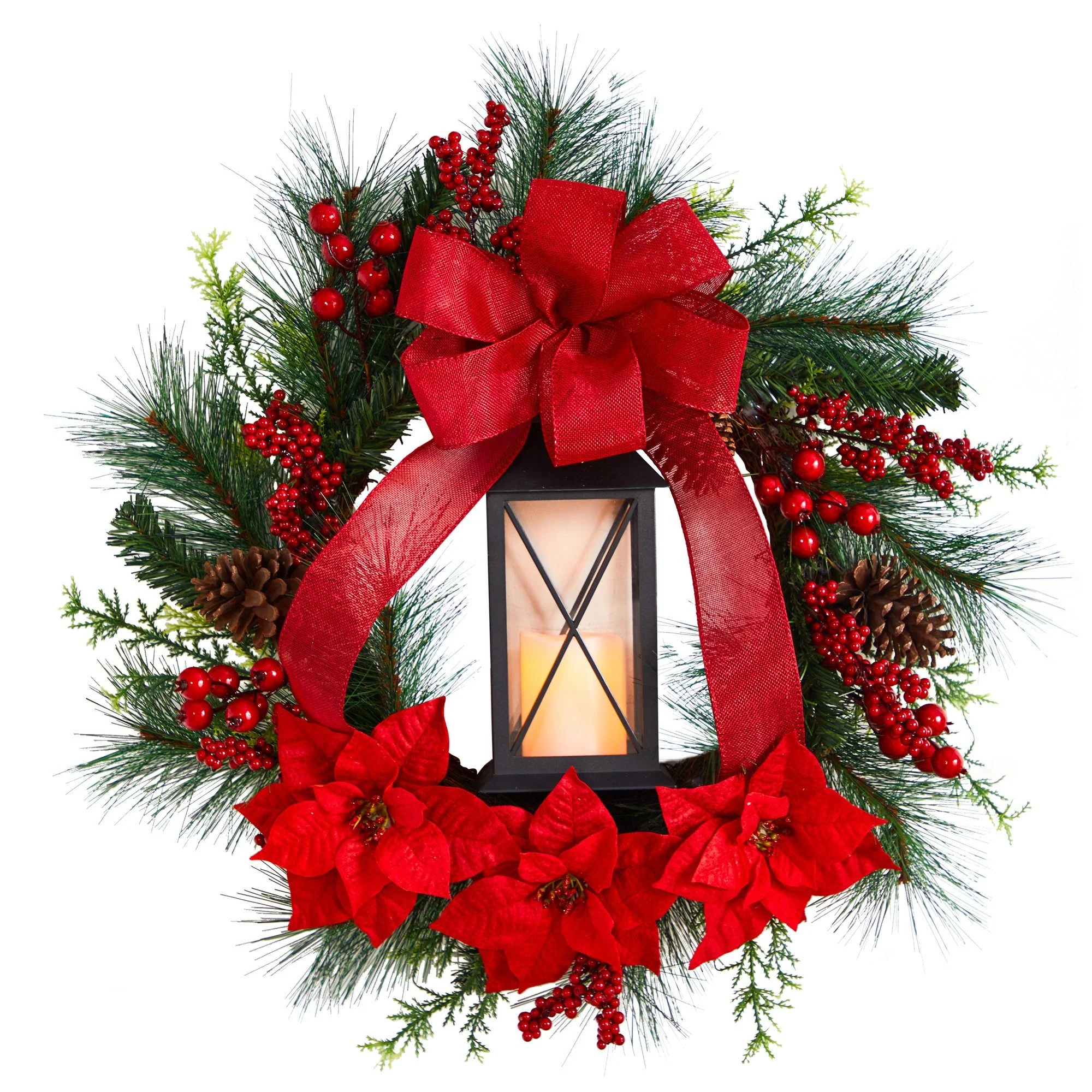 28” Poinsettia and Berry Holiday Lantern Christmas Wreath with LED Candle - Image 2
