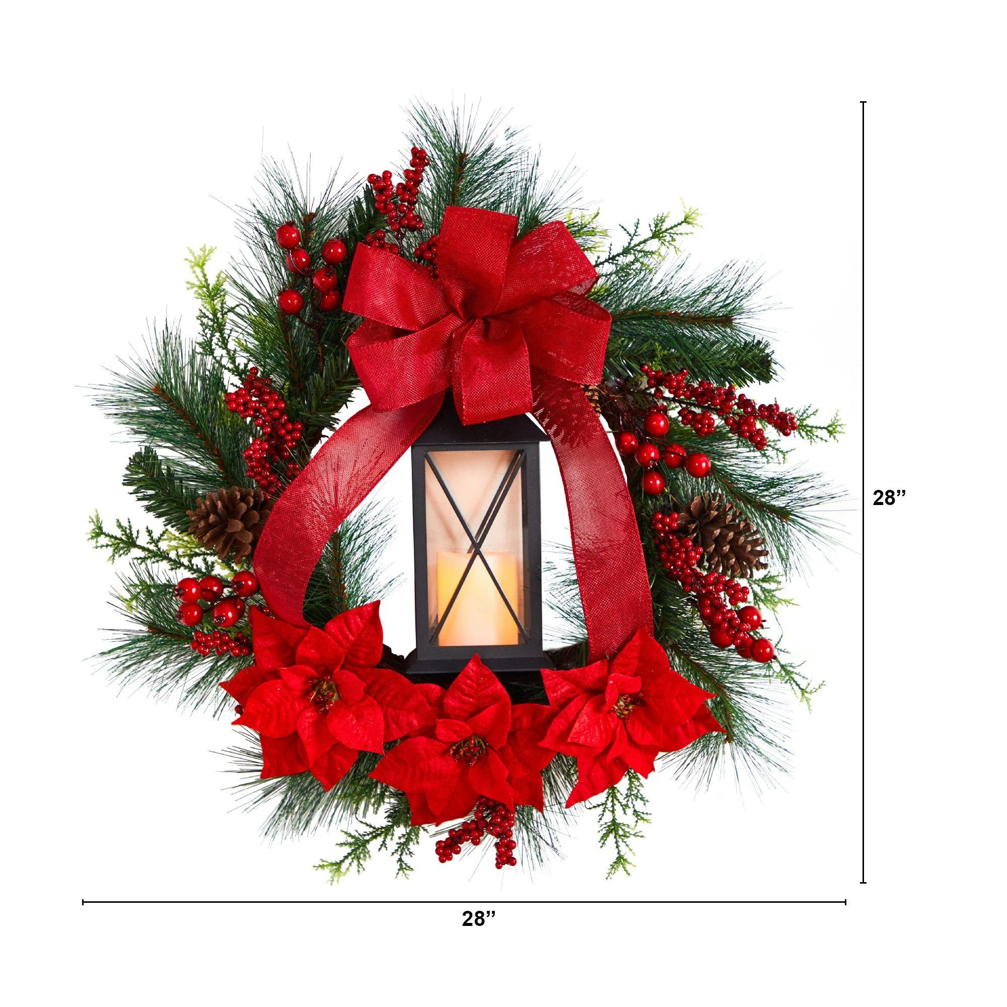 28” Poinsettia and Berry Holiday Lantern Christmas Wreath with LED Candle - Image 3