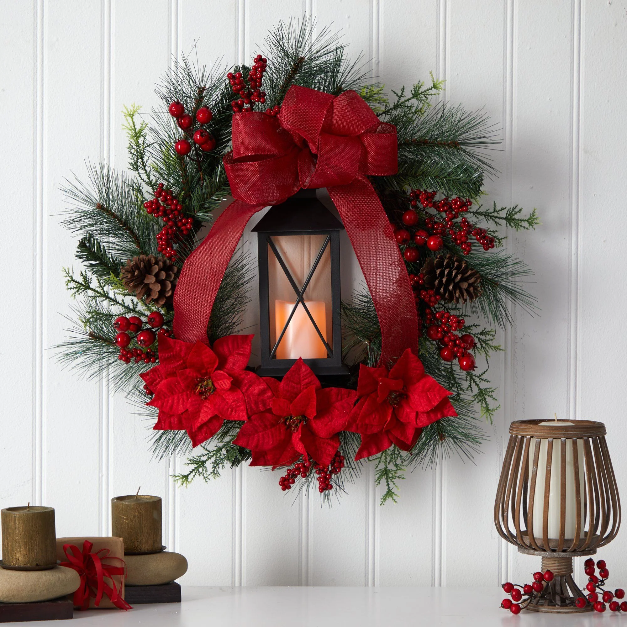 28” Poinsettia and Berry Holiday Lantern Christmas Wreath with LED Candle - Image 4