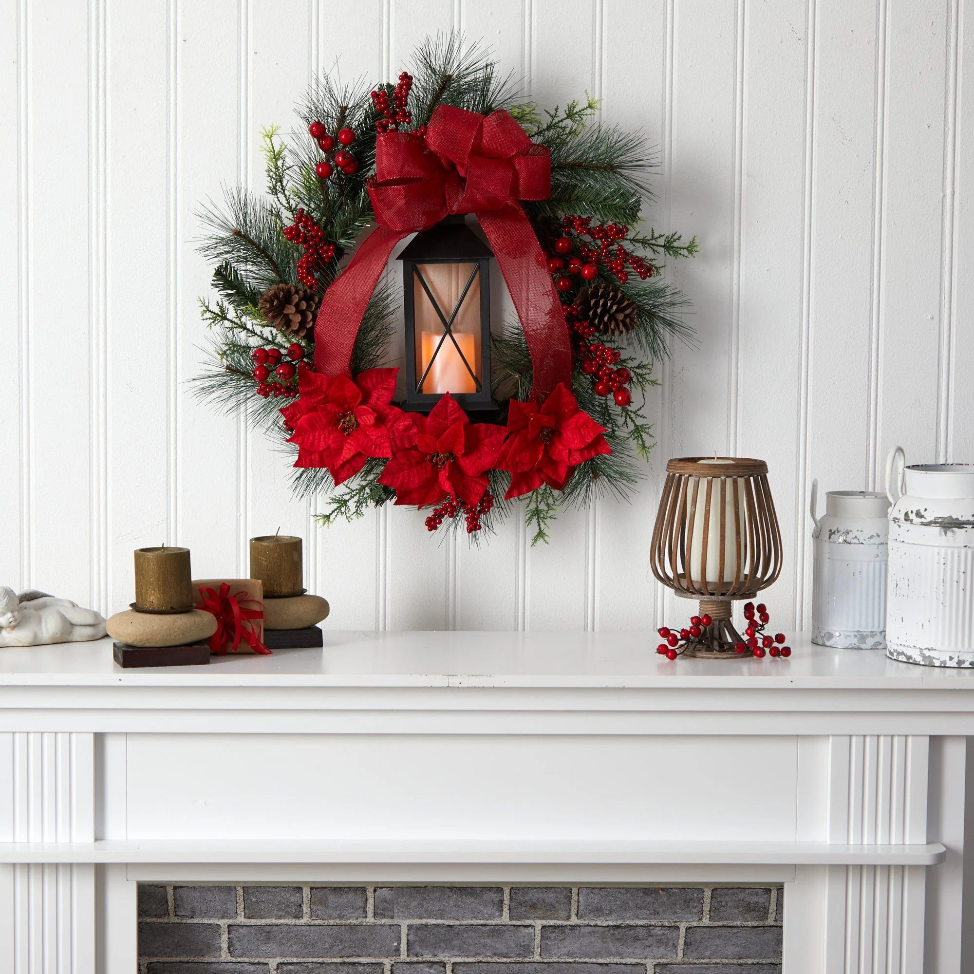 28” Poinsettia and Berry Holiday Lantern Christmas Wreath with LED Candle - Image 5