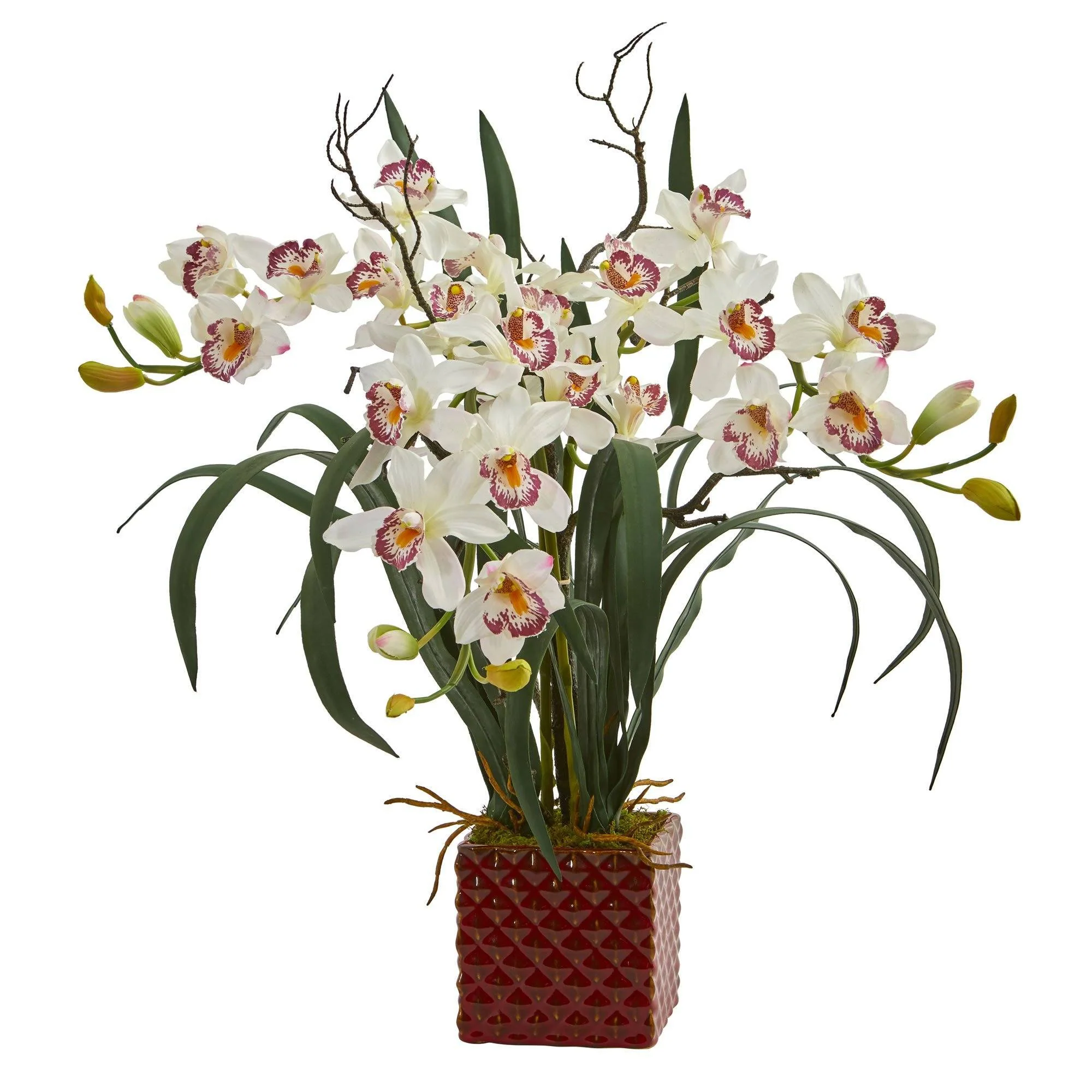 29” Cymbidium Orchid Artificial Arrangement in Red Vase - Image 2