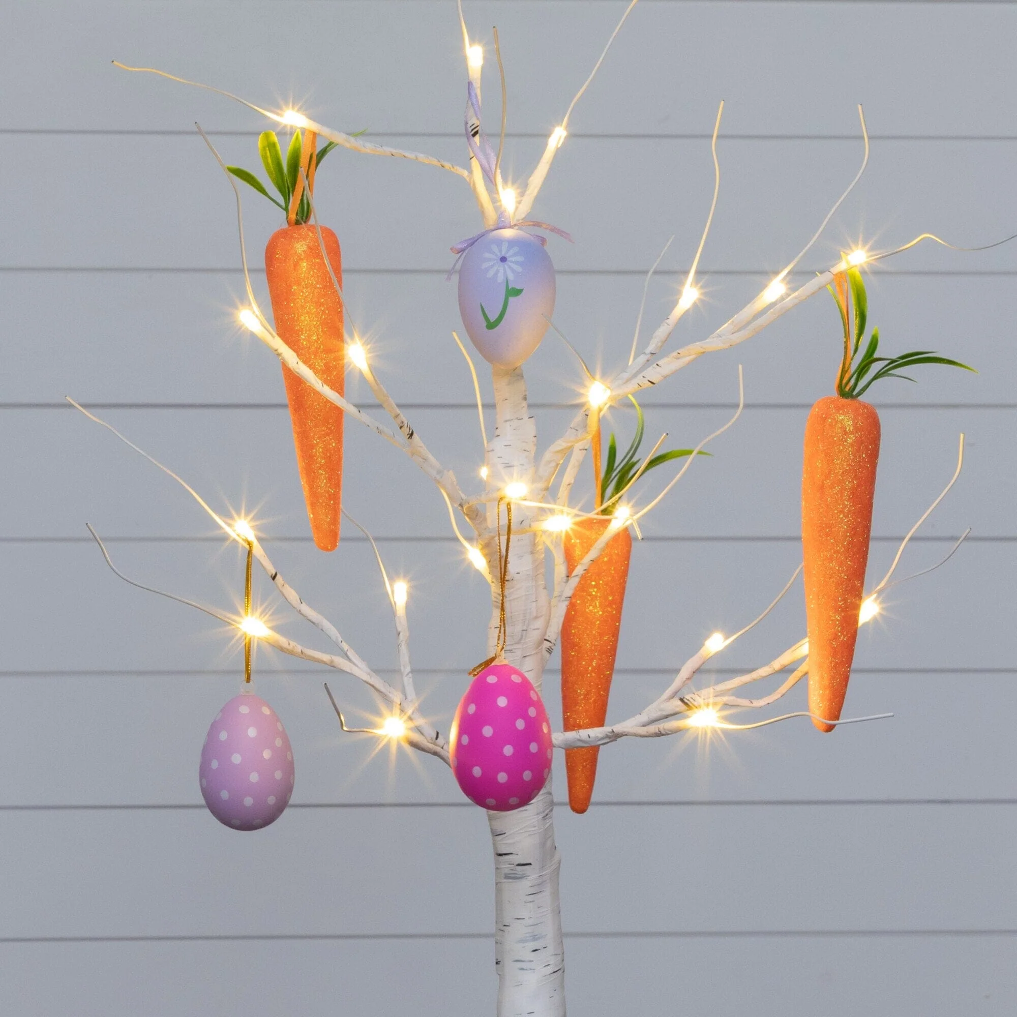 2' Pre-Lit Artificial Easter Egg and Carrots Ornament Twig Tree with 24 Warm White LED Lights - Image 2