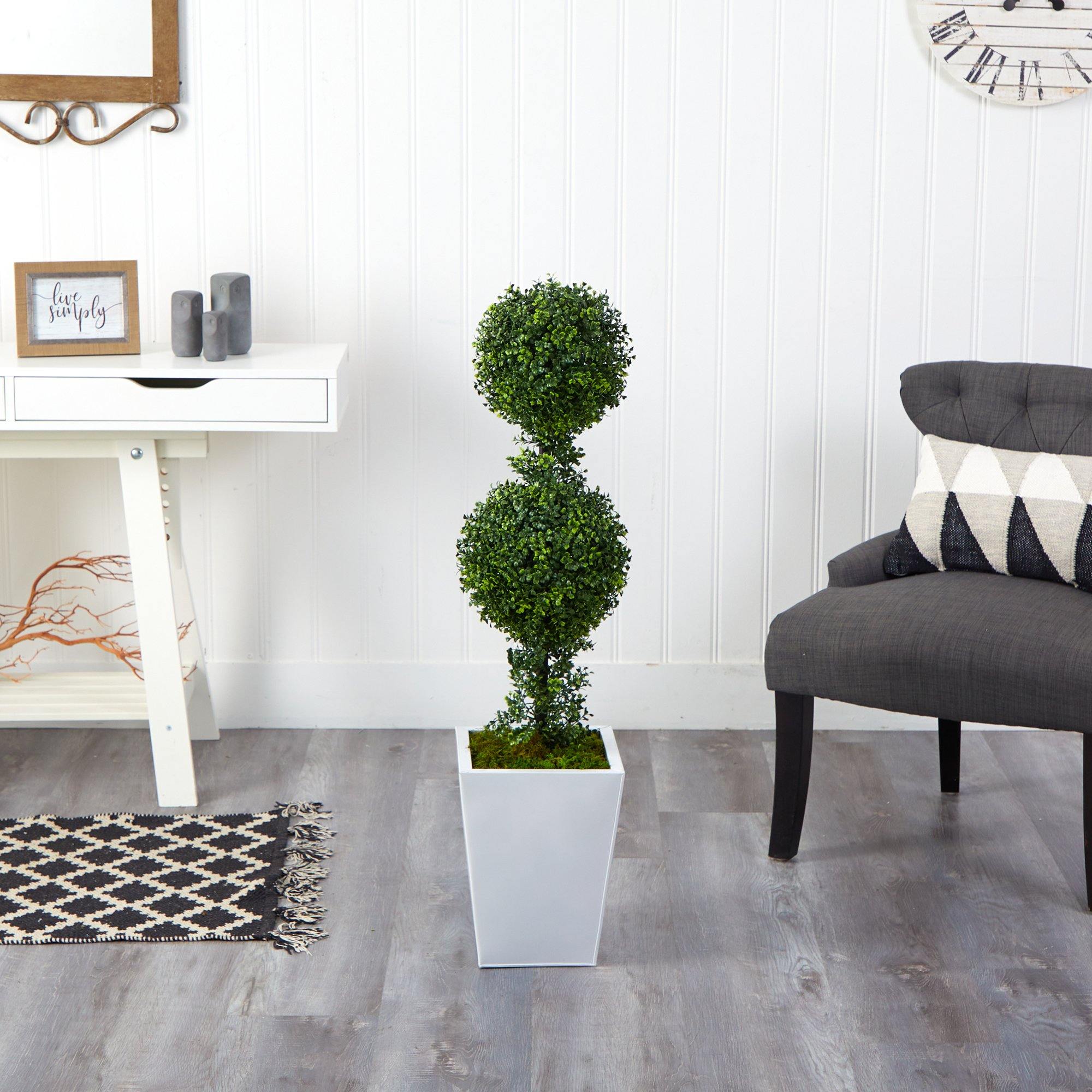 3.5’ Boxwood Double Ball Topiary Artificial Tree in White Metal Planter(Indoor/Outdoor) - Image 3