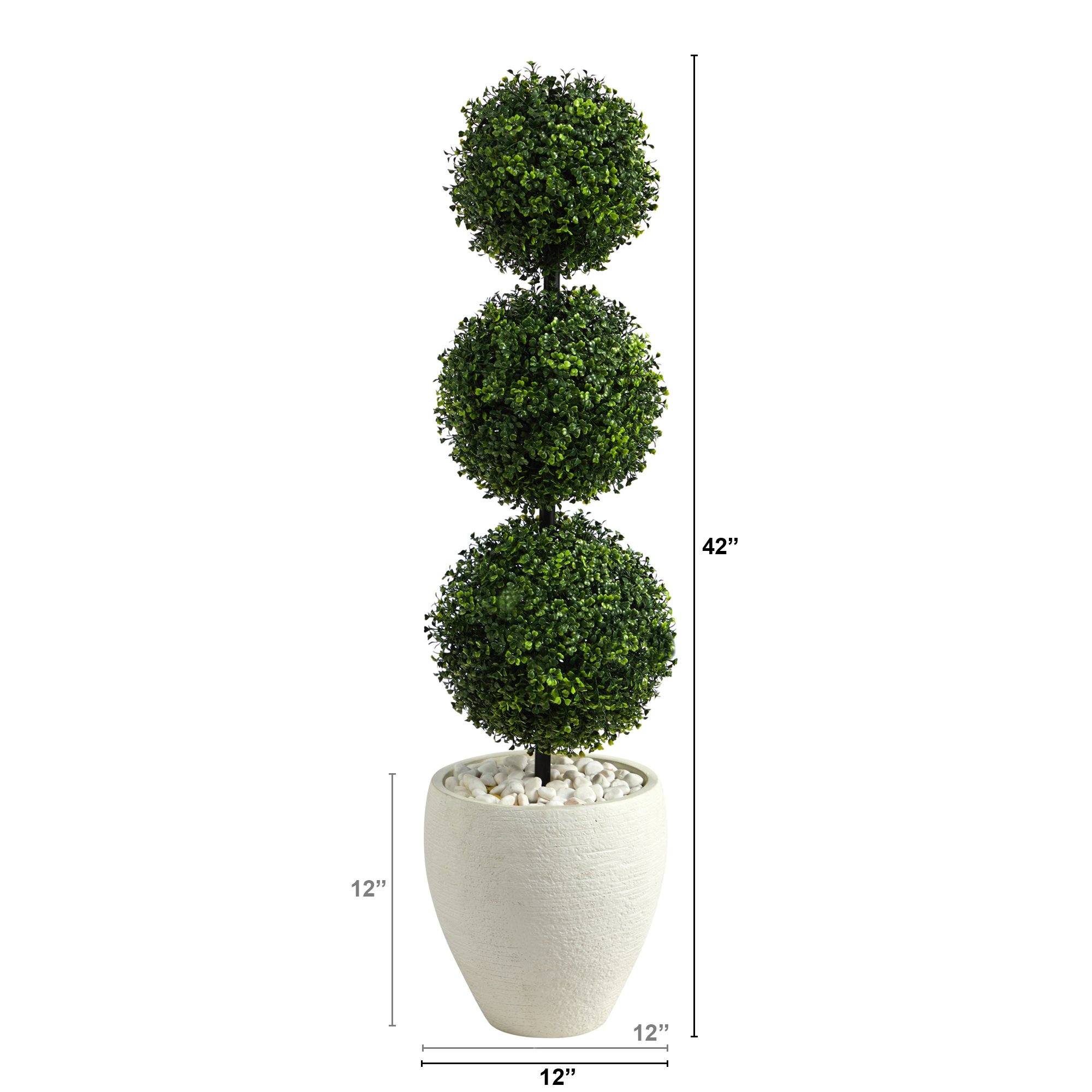 3.5’ Boxwood Triple Ball Topiary Artificial Tree in White Planter (Indoor/Outdoor) - Image 2