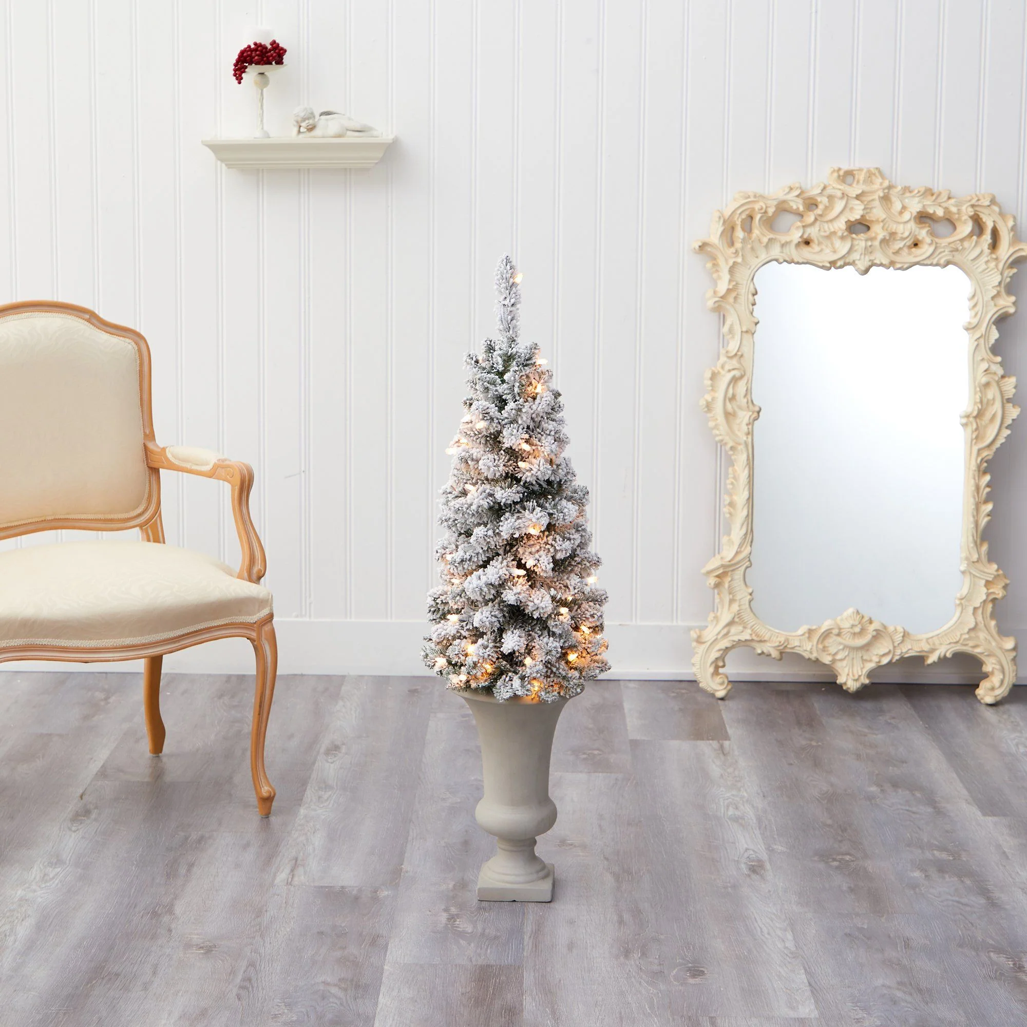 3.5’ Flocked Pencil Artificial Christmas Tree with 50 Clear Lights and 132 Bendable Branches in Sand Colored Urn - Image 7