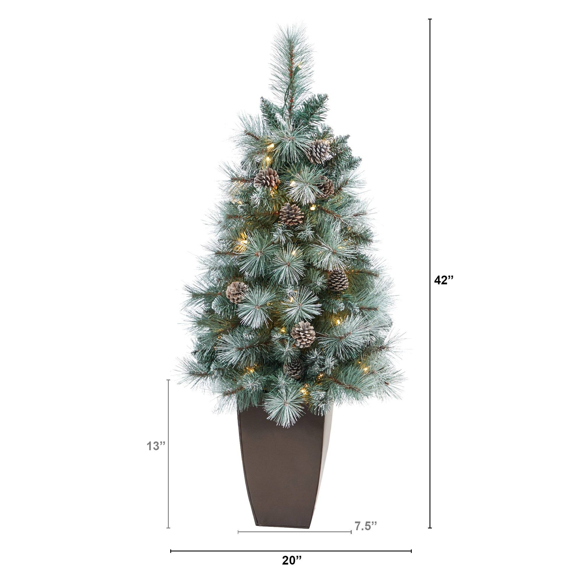 3.5’ Frosted Tip British Columbia Mountain Pine Artificial Christmas Tree with 50 Clear Lights, Pine Cones and 112 Bendable Branches in Metal Planter - Image 2