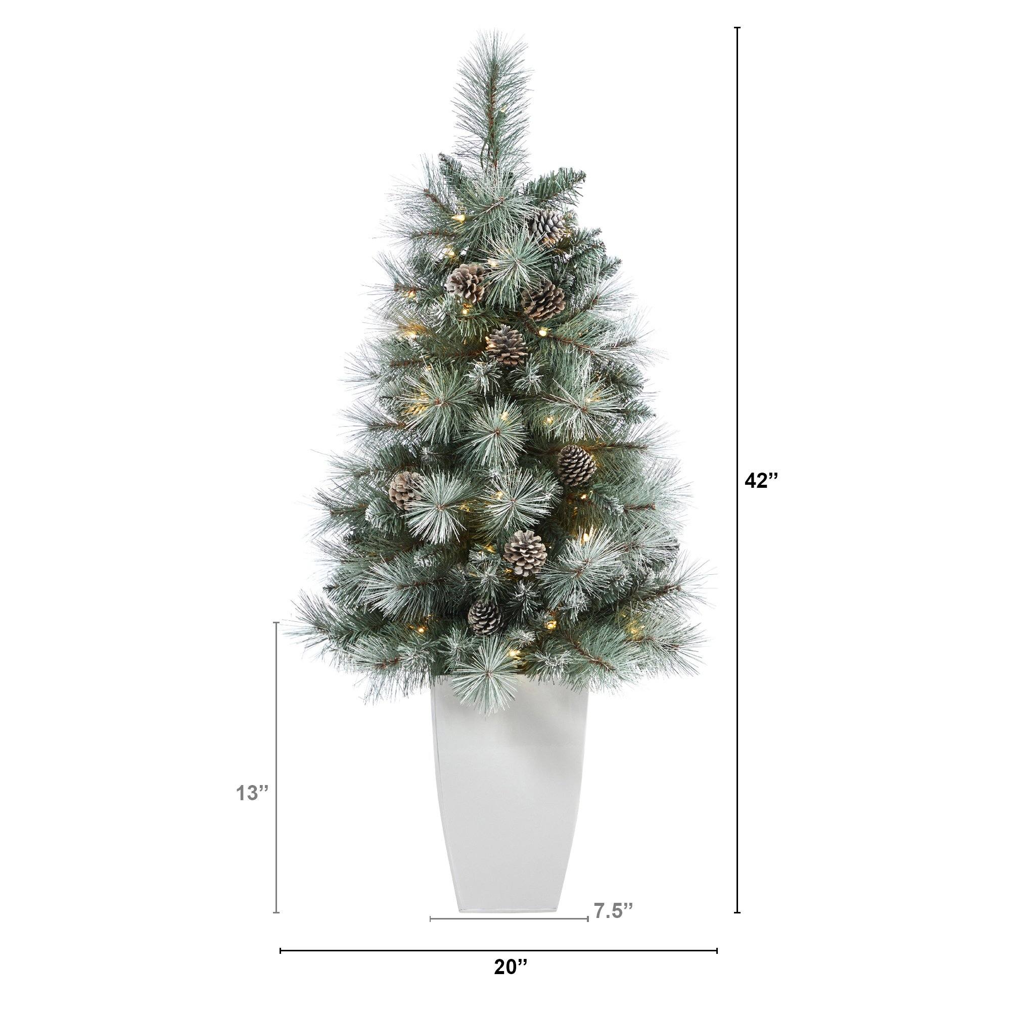 3.5’ Frosted Tip British Columbia Mountain Pine Artificial Christmas Tree with 50 Clear Lights, Pine Cones and 112 Bendable Branches in Metal Planter - Image 8