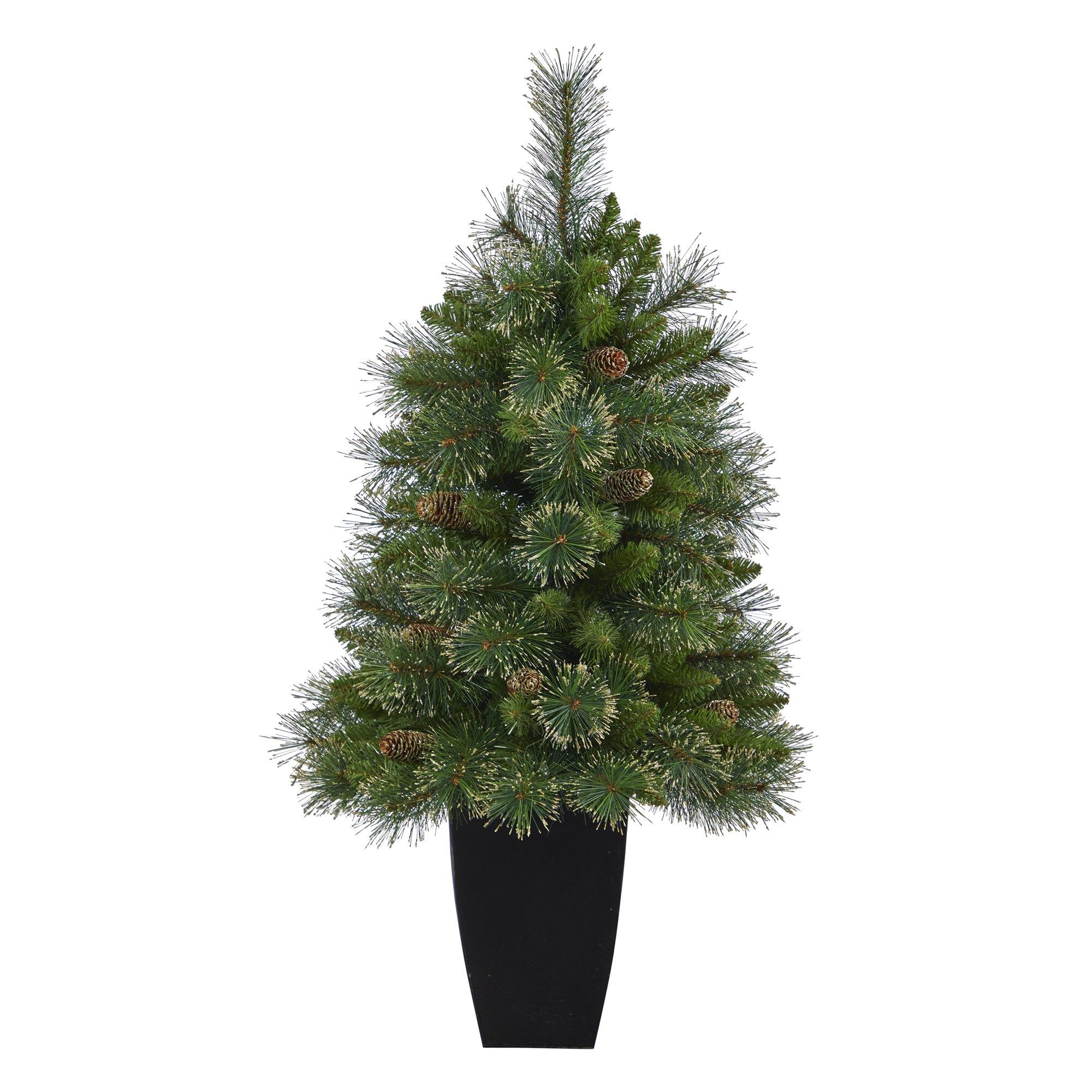 3.5’ Golden Tip Washington Pine Artificial Christmas Tree with 50 Clear Lights, Pine Cones and 148 Bendable Branches in Black Metal Planter - Image 3