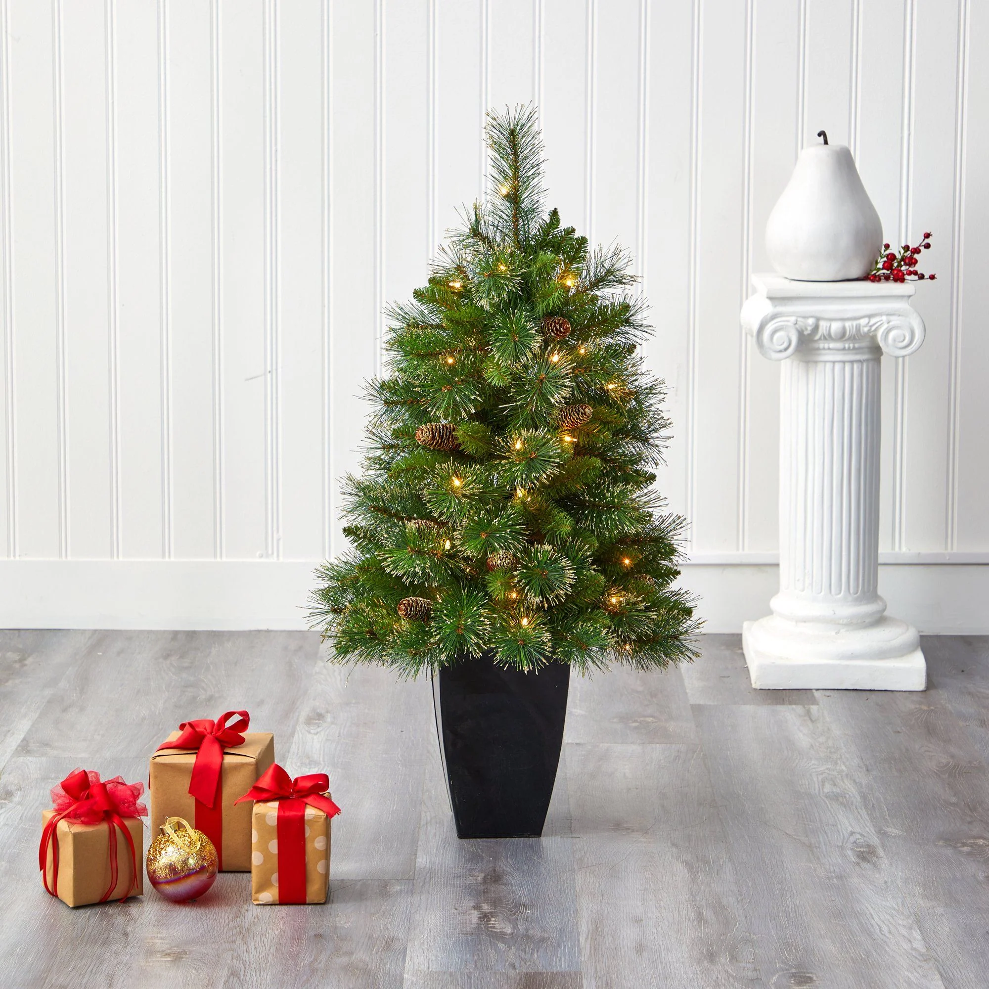 3.5’ Golden Tip Washington Pine Artificial Christmas Tree with 50 Clear Lights, Pine Cones and 148 Bendable Branches in Black Metal Planter - Image 7