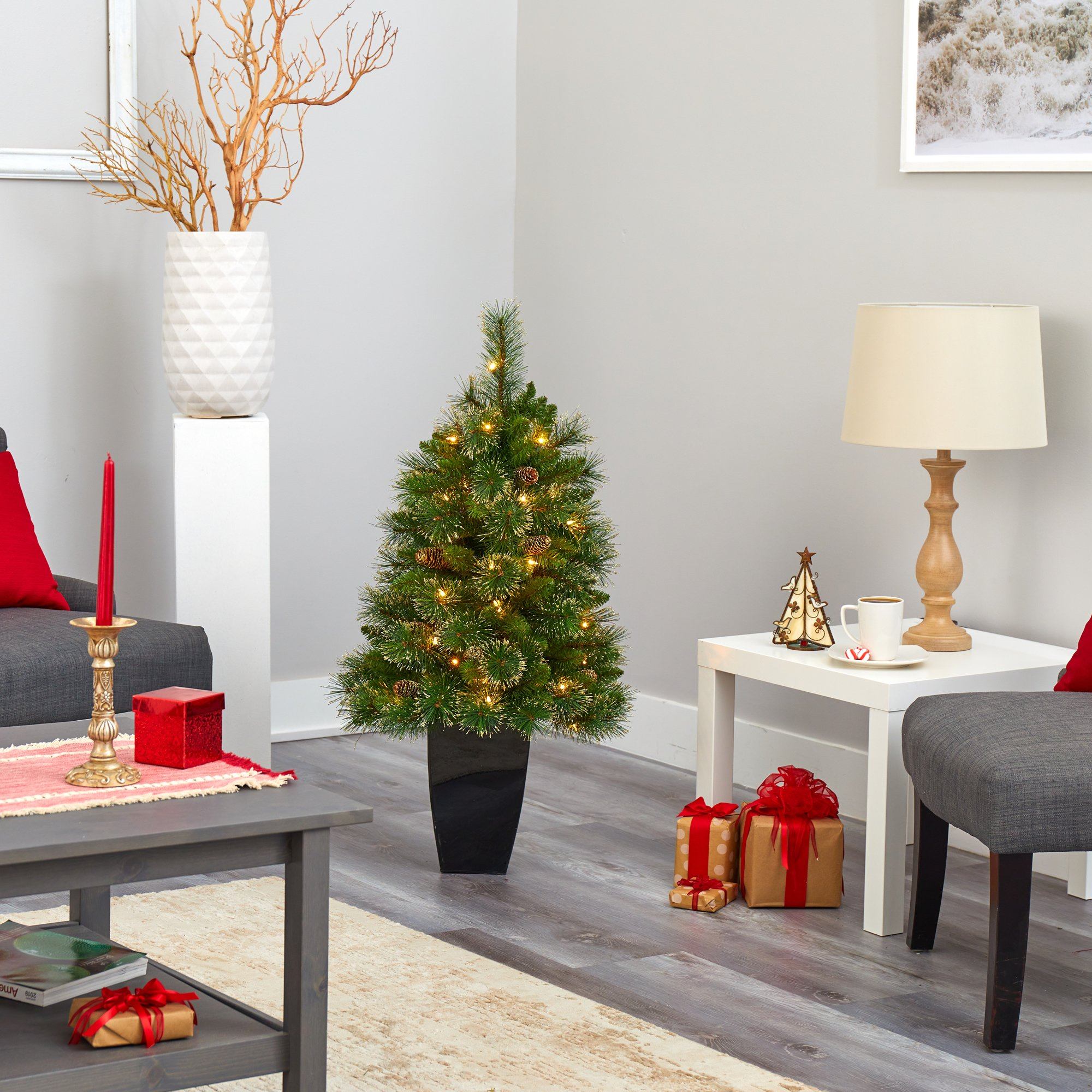 3.5’ Golden Tip Washington Pine Artificial Christmas Tree with 50 Clear Lights, Pine Cones and 148 Bendable Branches in Black Metal Planter - Image 8
