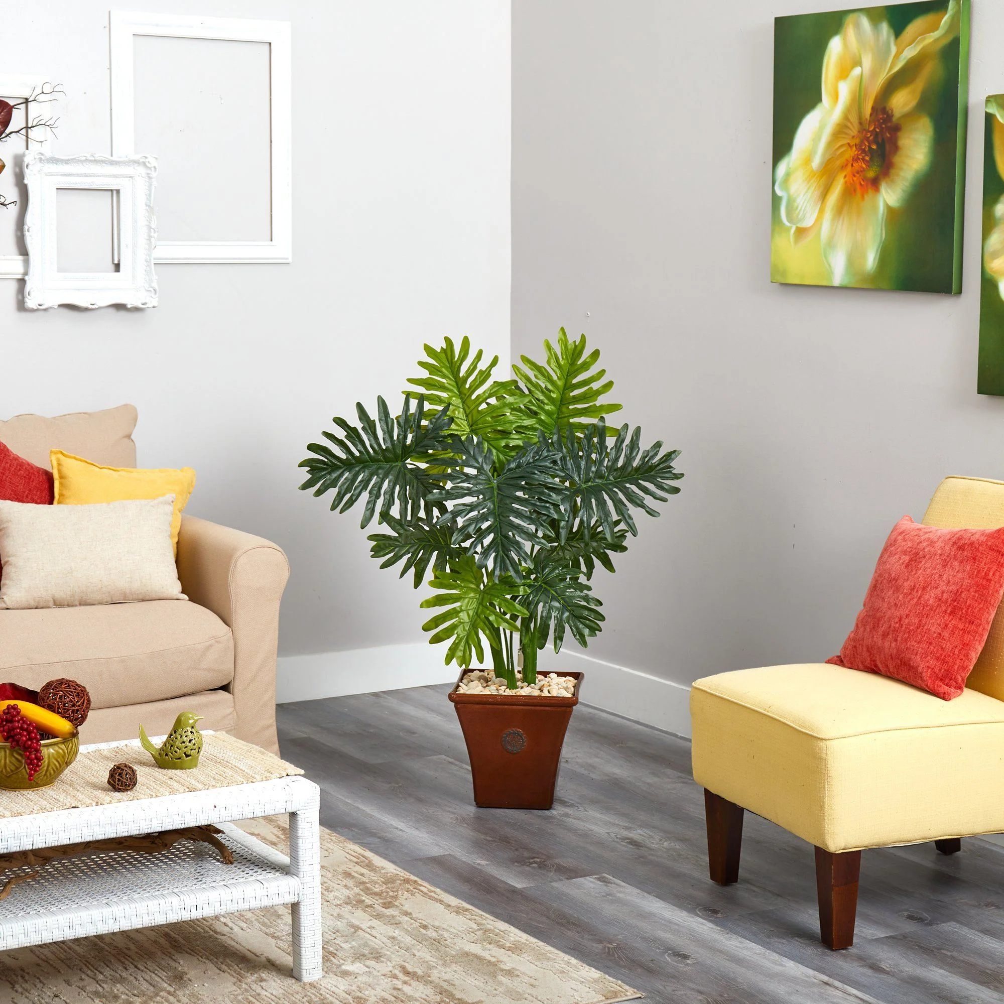 3.5’ Philodendron Artificial Plant in Brown Planter (Real Touch) - Image 2