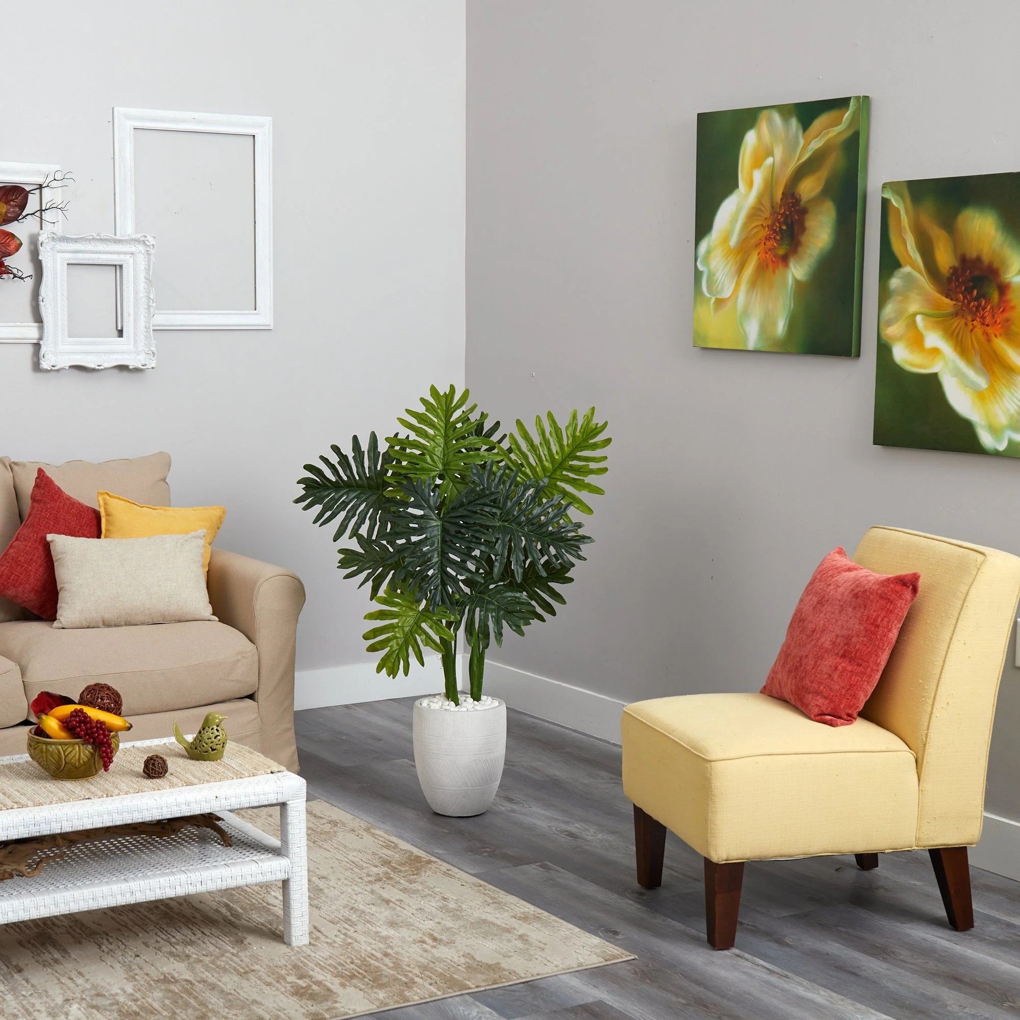 3.5’ Philodendron Artificial Plant in White Planter (Real Touch) - Image 2
