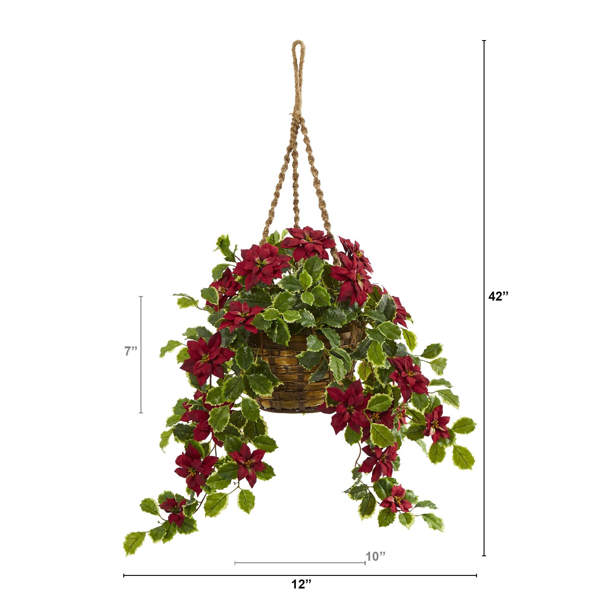 3.5’ Poinsettia and Variegated Holly Artificial Plant in Hanging Basket (Real Touch) - Image 2