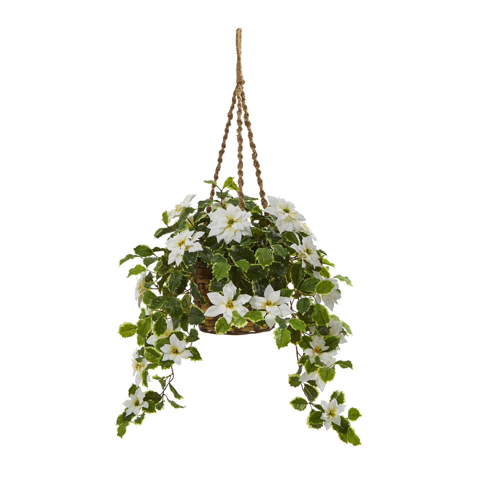 3.5’ Poinsettia and Variegated Holly Artificial Plant in Hanging Basket (Real Touch) - Image 3