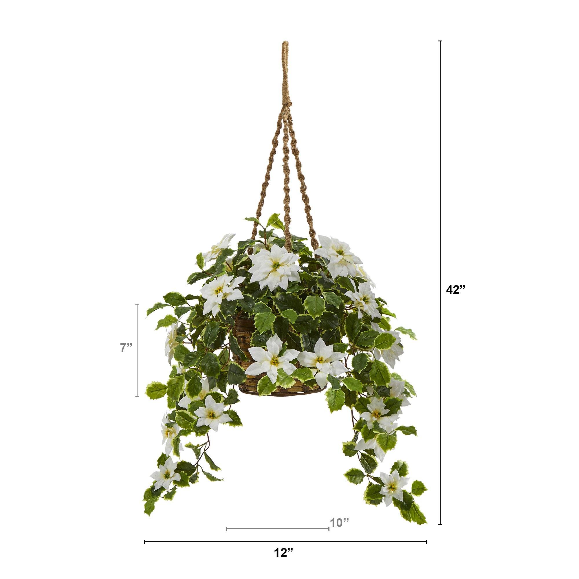 3.5’ Poinsettia and Variegated Holly Artificial Plant in Hanging Basket (Real Touch) - Image 4