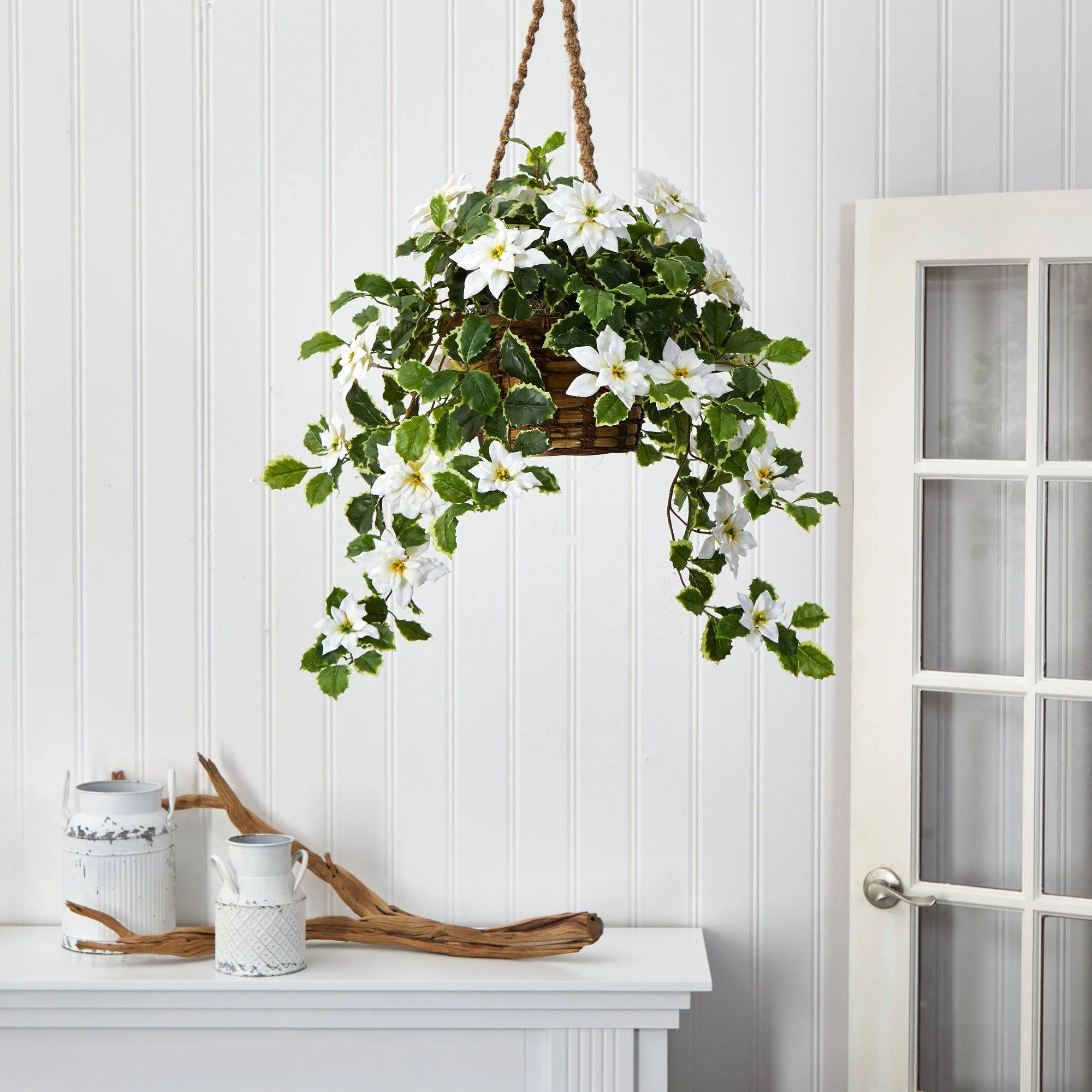 3.5’ Poinsettia and Variegated Holly Artificial Plant in Hanging Basket (Real Touch) - Image 5