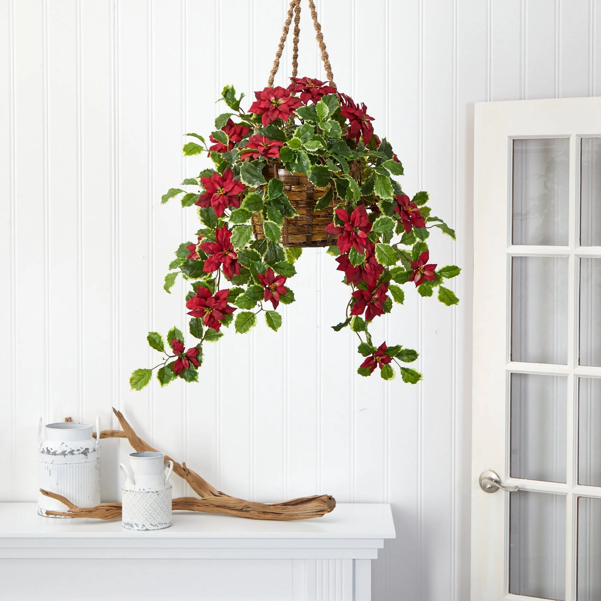 3.5’ Poinsettia and Variegated Holly Artificial Plant in Hanging Basket (Real Touch) - Image 6