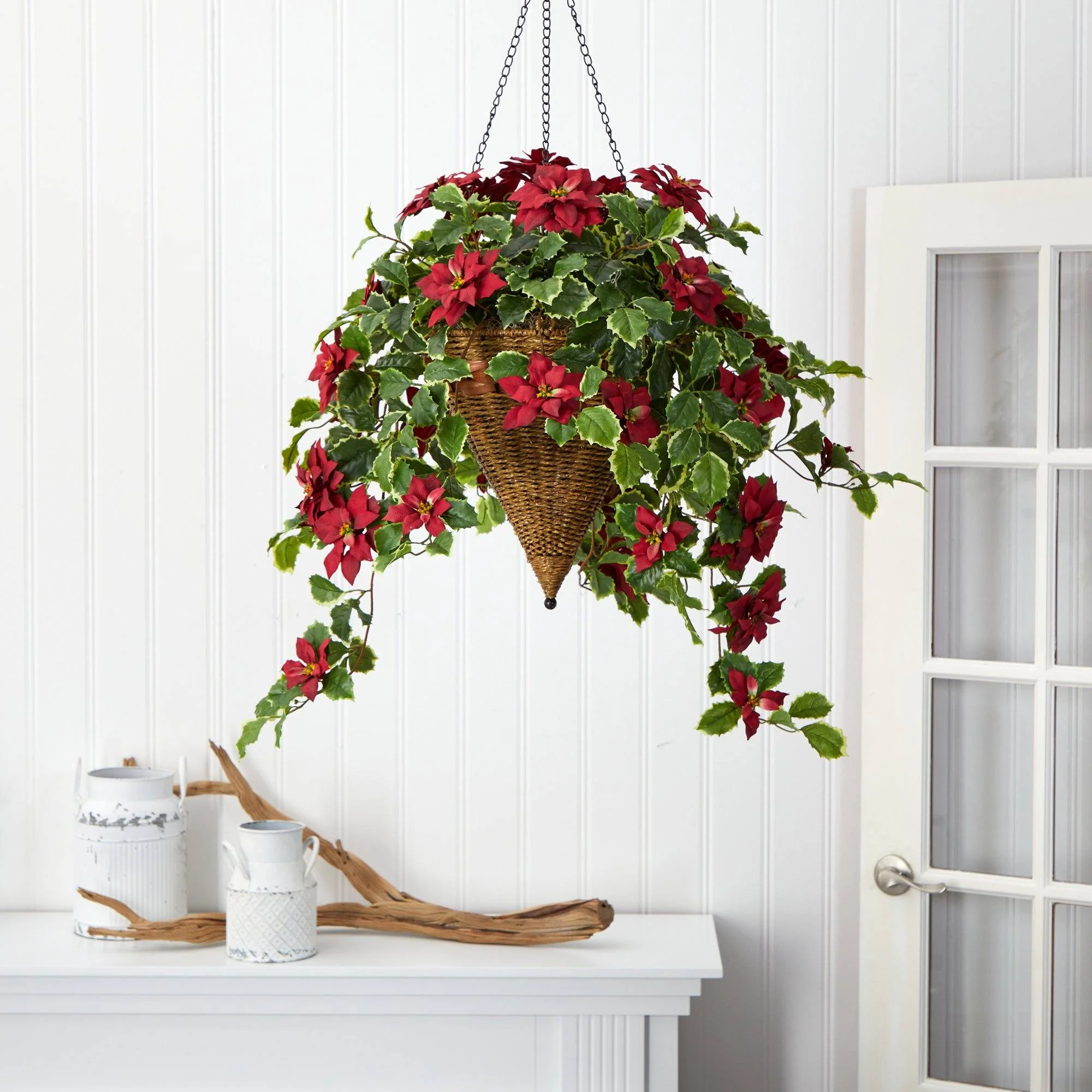 3.5’ Poinsettia and Variegated Holly Artificial Plant in Hanging Cone Basket (Real Touch) - Image 6