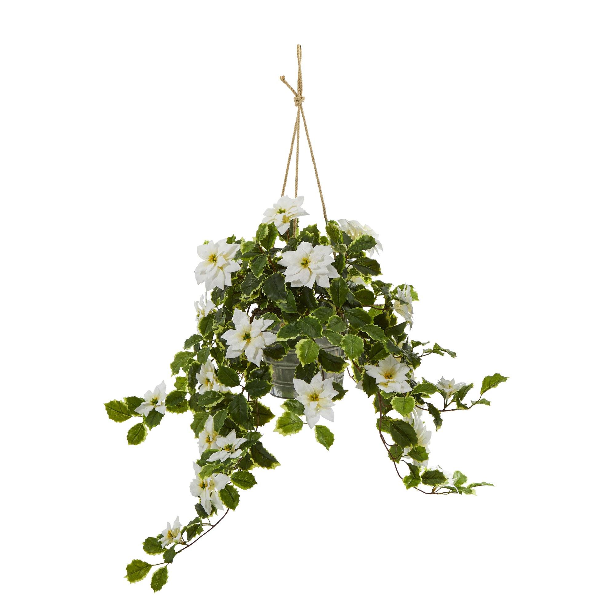 3.5’ Poinsettia and Variegated Holly Artificial Plant in Hanging Metal Bucket (Real Touch) - Image 2