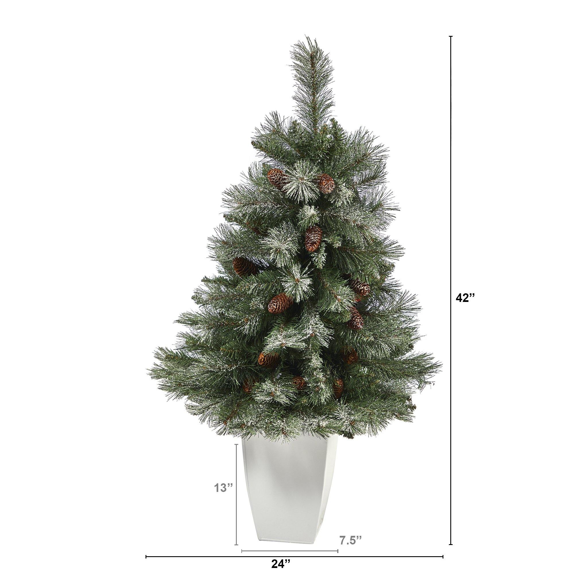 3.5’ Snowed French Alps Mountain Pine Artificial Christmas Tree with 135 Bendable Branches and Pine Cones in White Metal Planter - Image 2