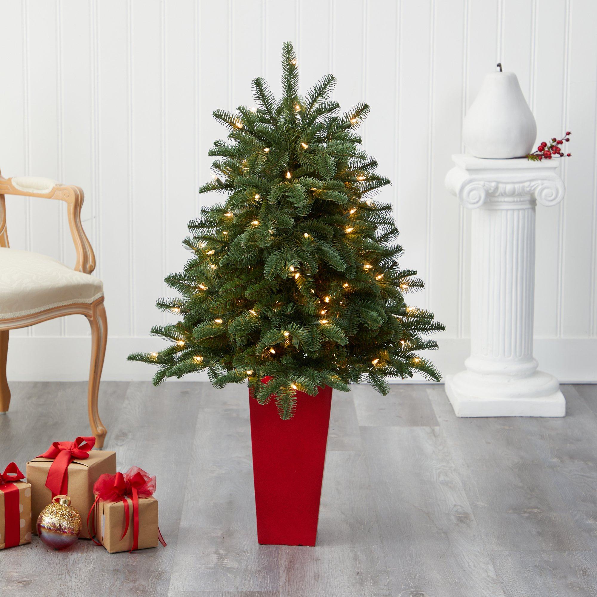 3.5’ South Carolina Spruce Artificial Christmas Tree with 100 White Warm Light and 458 Bendable Branches in Red Planter - Image 7
