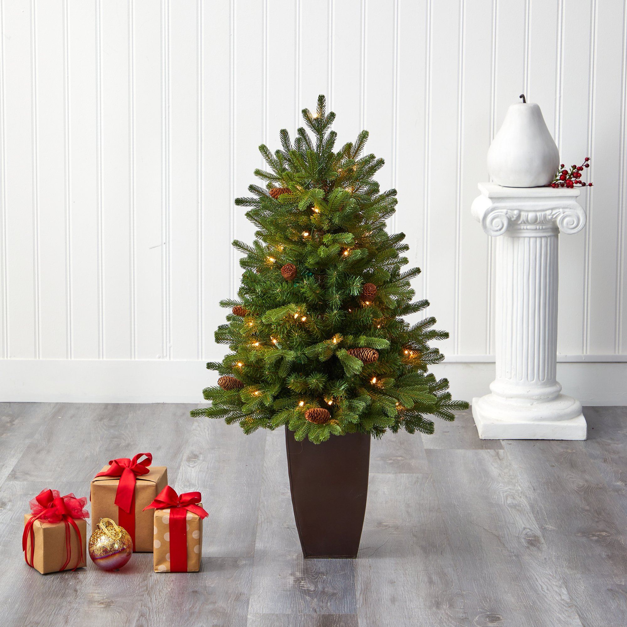 3.5’ Yukon Mountain Fir Artificial Christmas Tree with 50 Clear Lights and Pine Cones in Bronze Metal Planter - Image 7