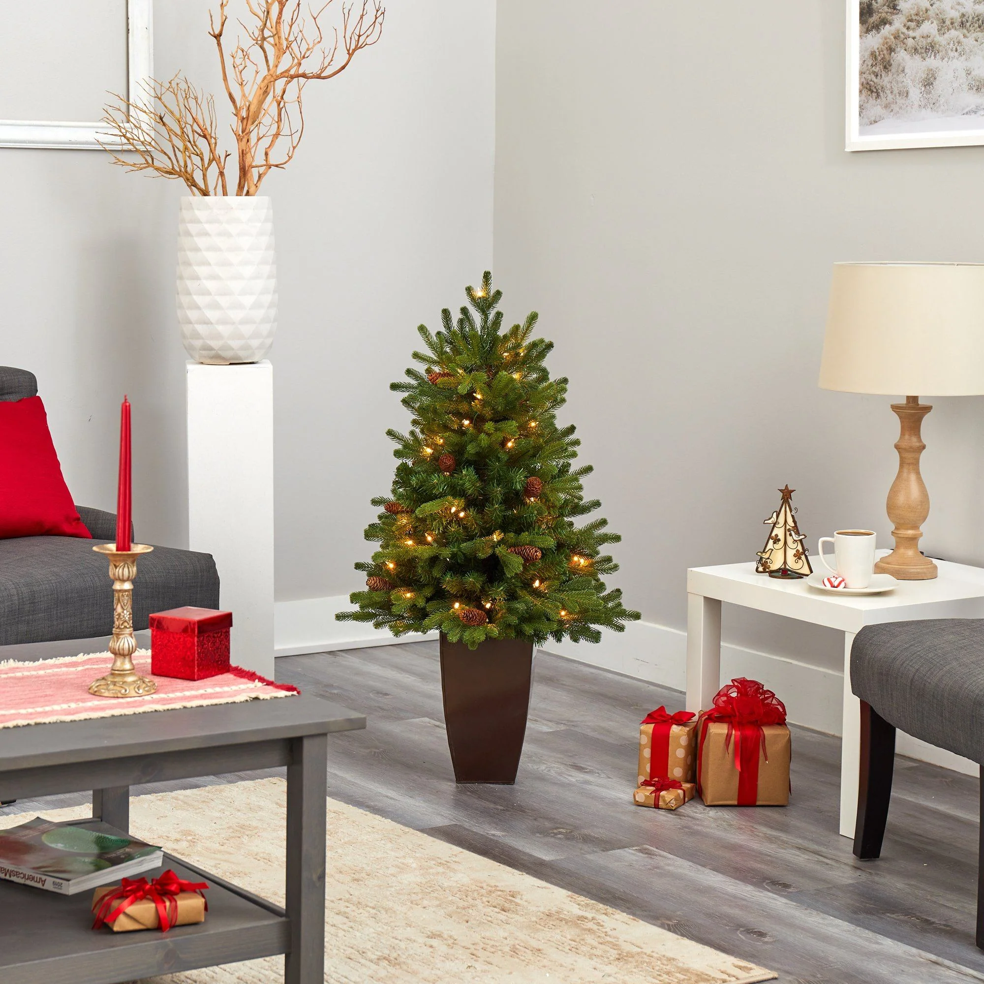 3.5’ Yukon Mountain Fir Artificial Christmas Tree with 50 Clear Lights and Pine Cones in Bronze Metal Planter - Image 8