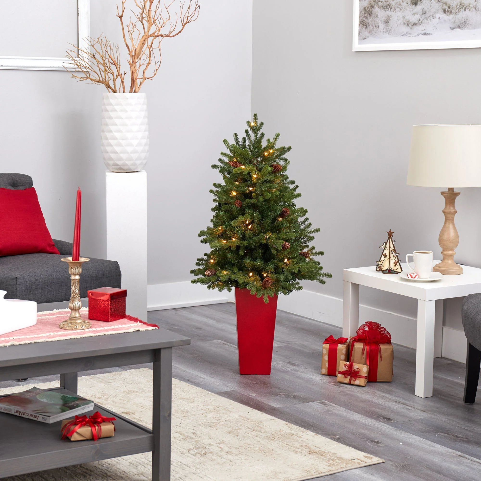 3.5’ Yukon Mountain Fir Artificial Christmas Tree with 50 Clear Lights and Pine Cones in Red Planter - Image 8