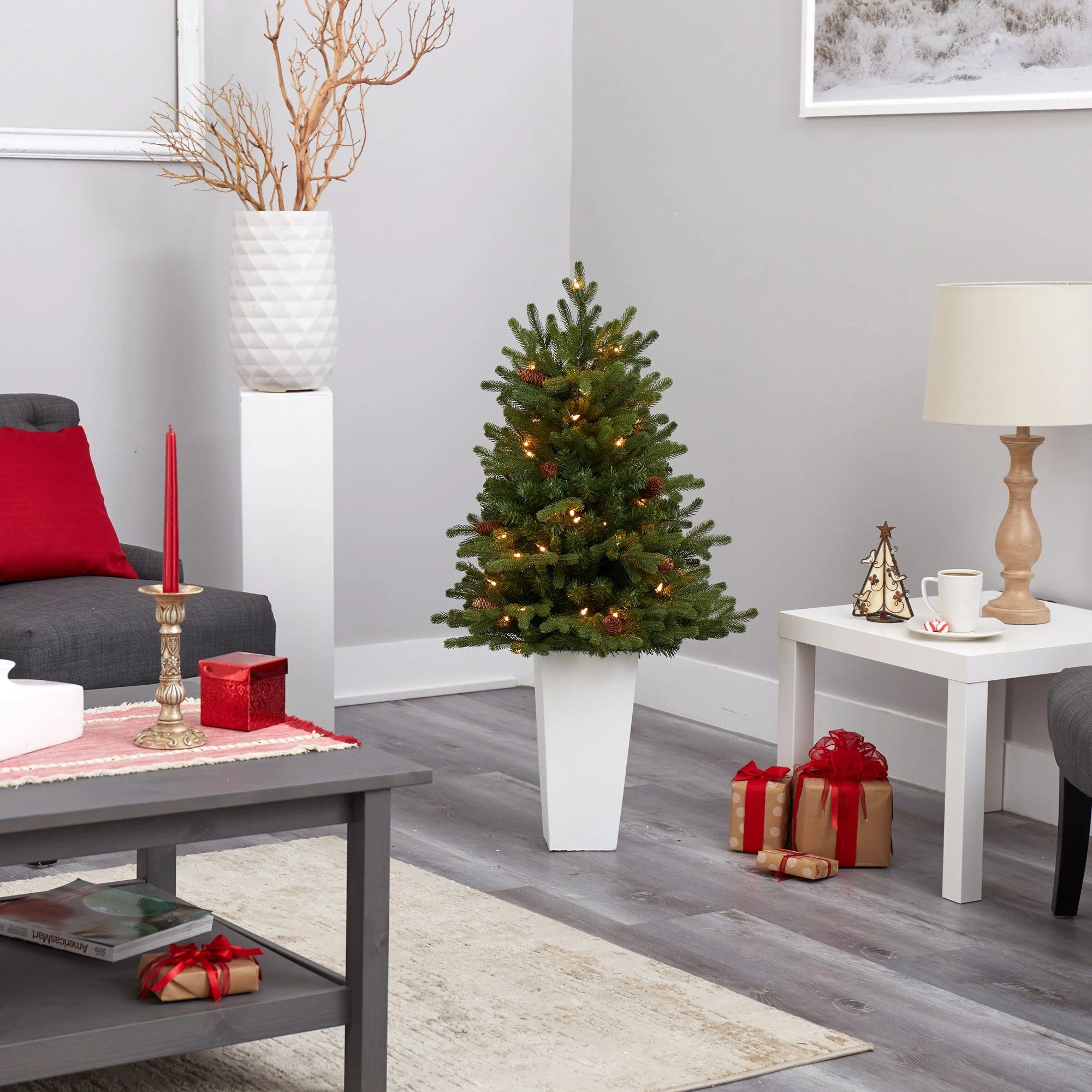 3.5’ Yukon Mountain Fir Artificial Christmas Tree with 50 Clear Lights and Pine Cones in White Planter - Image 8