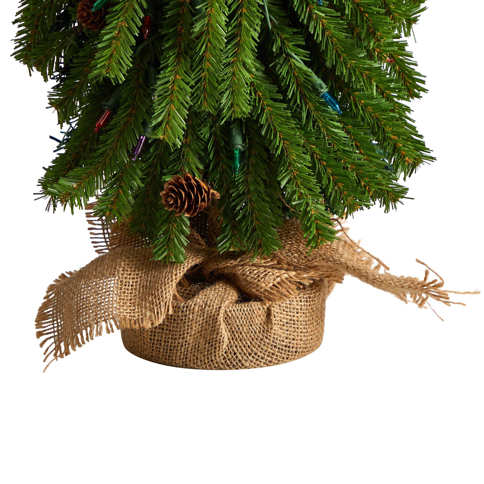 3’ Artificial Christmas Tree with Pinecones and 50 Multicolored Lights Set in a Burlap Base - Image 6
