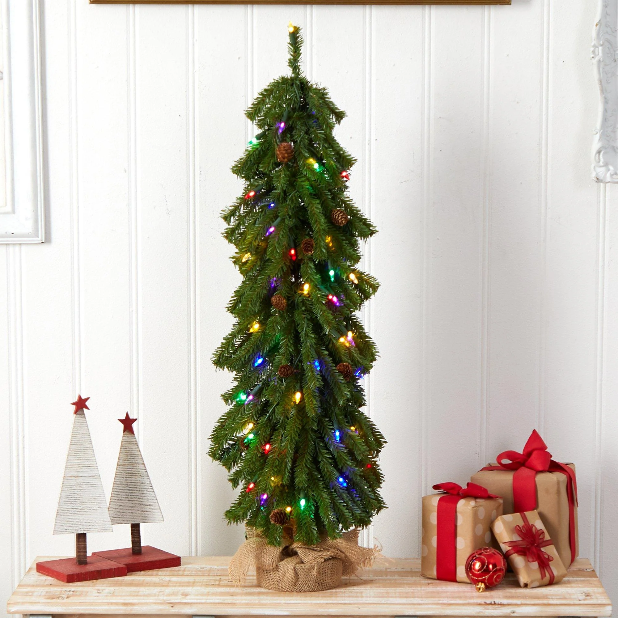3’ Artificial Christmas Tree with Pinecones and 50 Multicolored Lights Set in a Burlap Base - Image 7