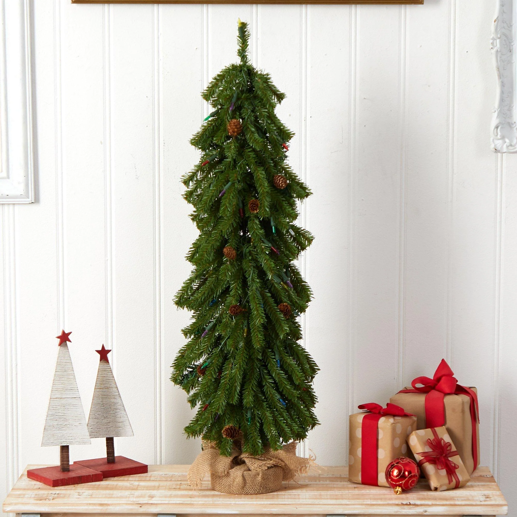 3’ Artificial Christmas Tree with Pinecones and 50 Multicolored Lights Set in a Burlap Base - Image 8
