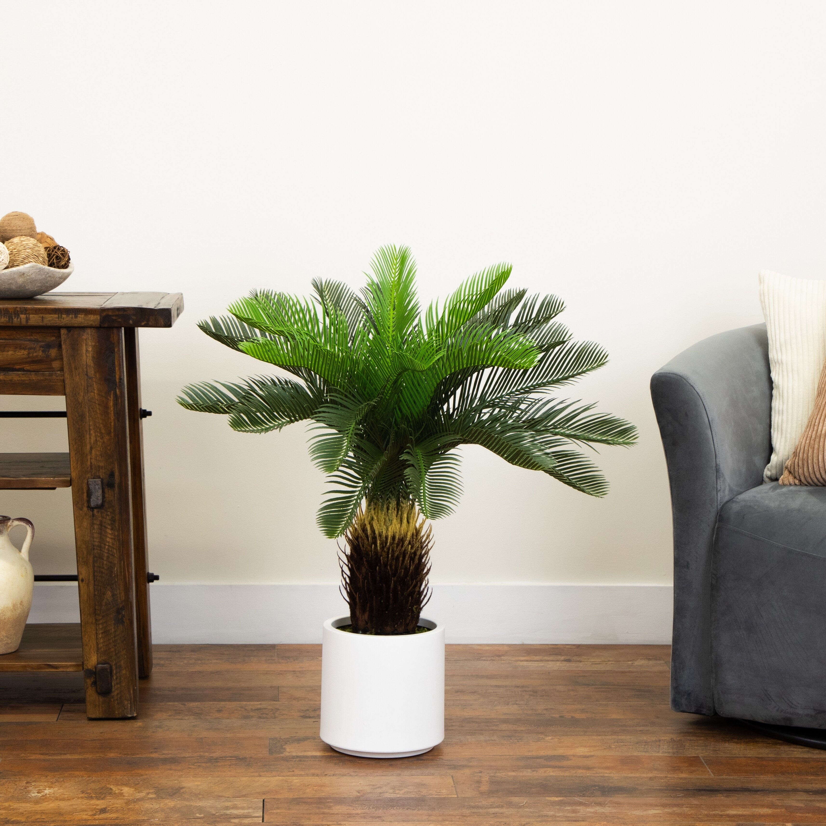 30" UV Resistant Artificial Cycas Palm Tree in White Decorative Planter (Indoor/Outdoor) - Image 3