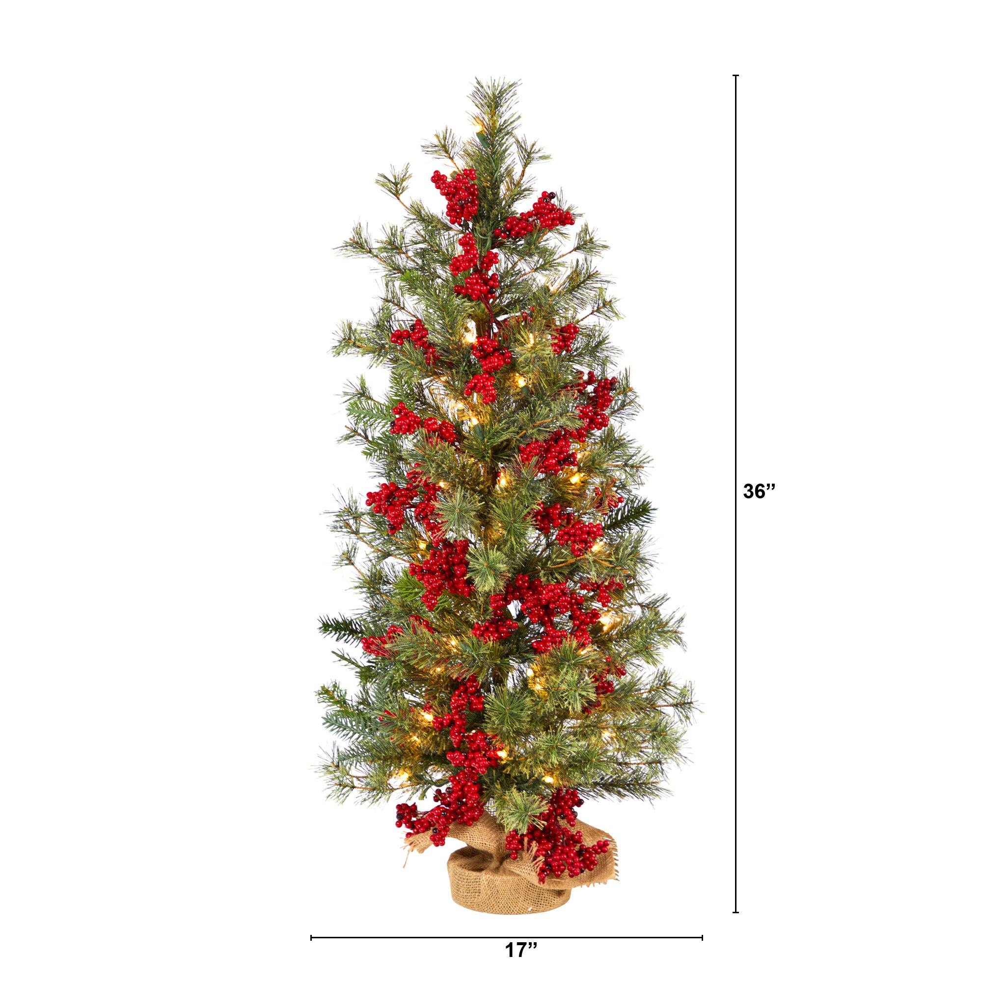 3’ Berry and Pine Artificial Christmas Tree with 50 Warm White Lights and Burlap Wrapped Base - Image 2