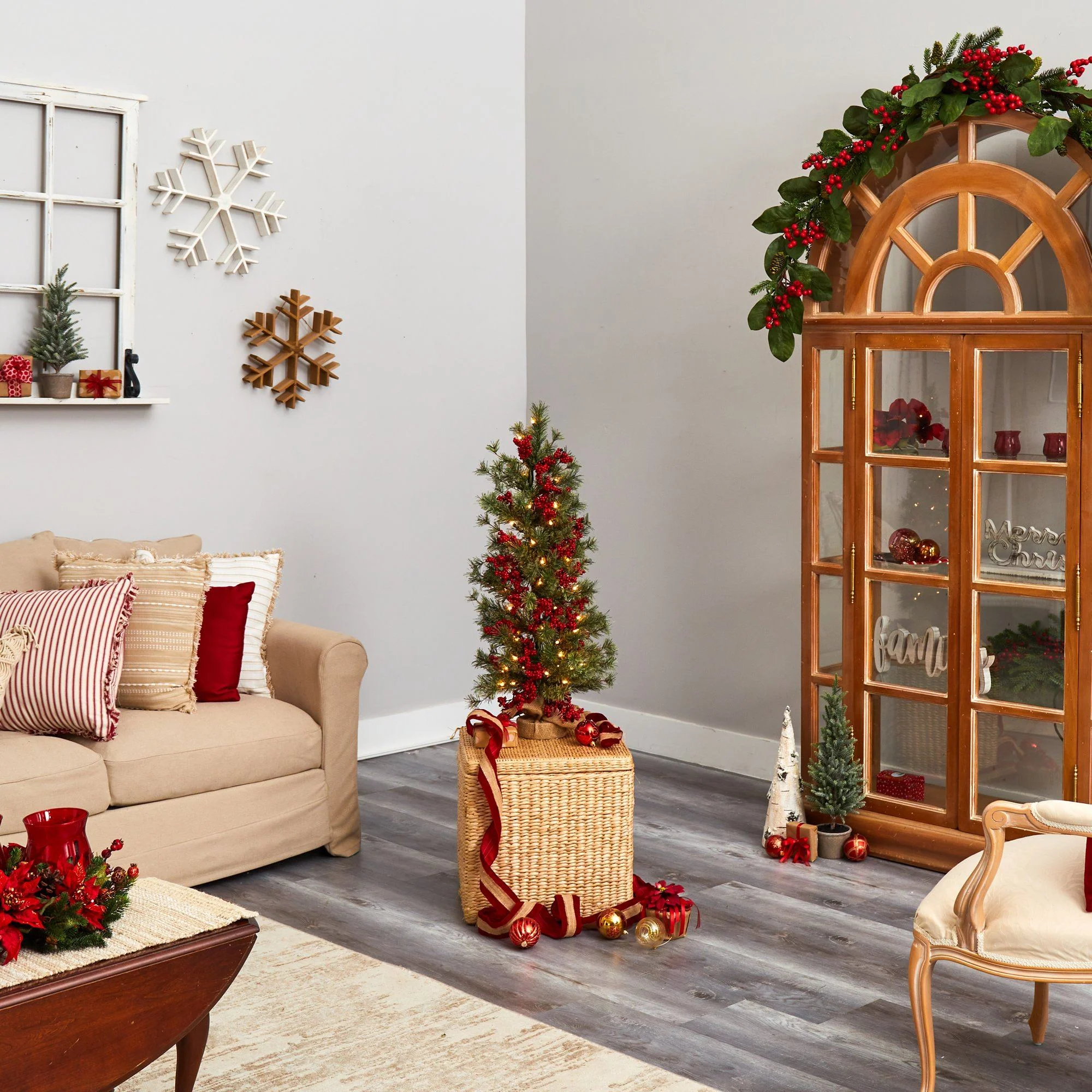 3’ Berry and Pine Artificial Christmas Tree with 50 Warm White Lights and Burlap Wrapped Base - Image 7