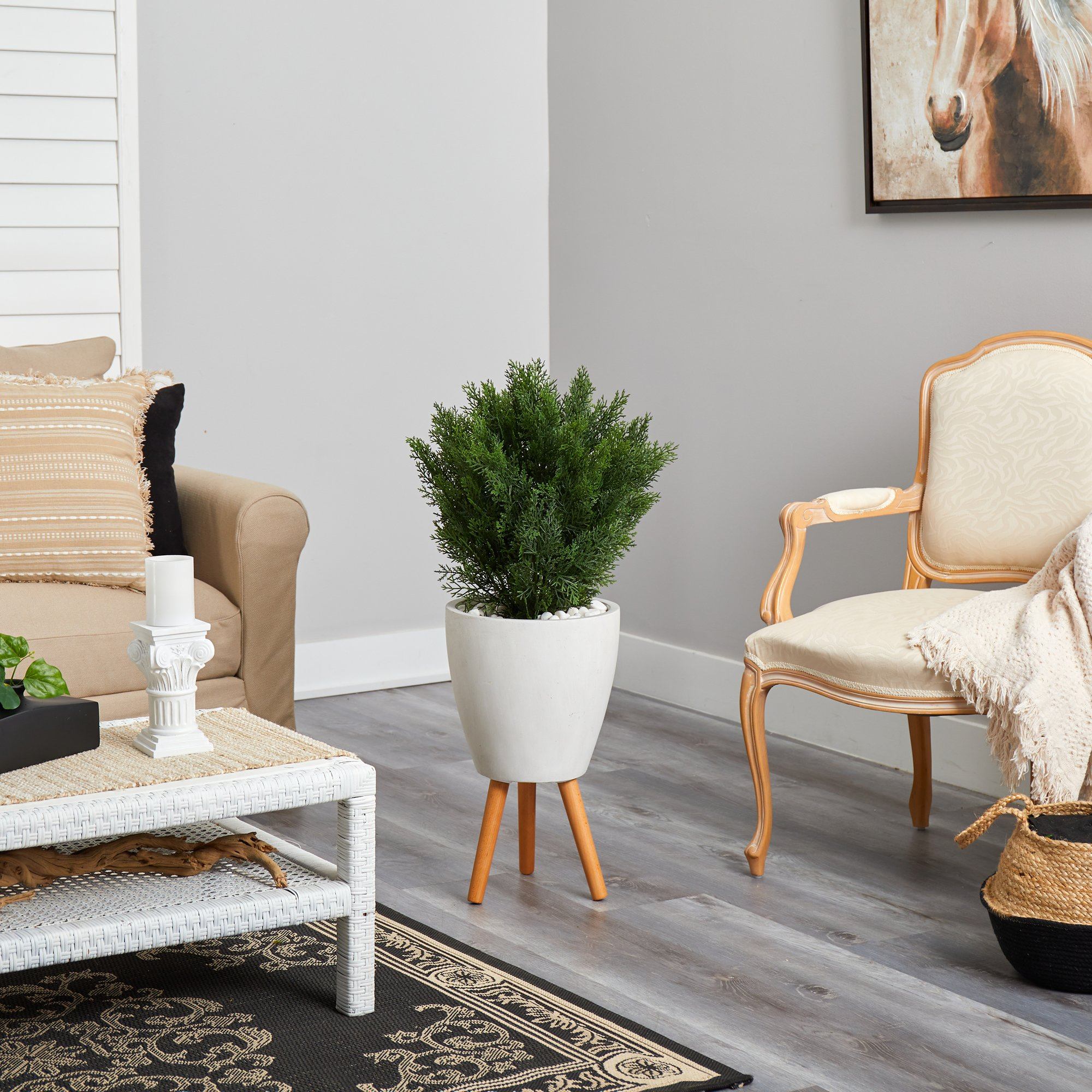 3’ Cedar Artificial Tree in White Planter with Stand (Indoor/Outdoor) - Image 4