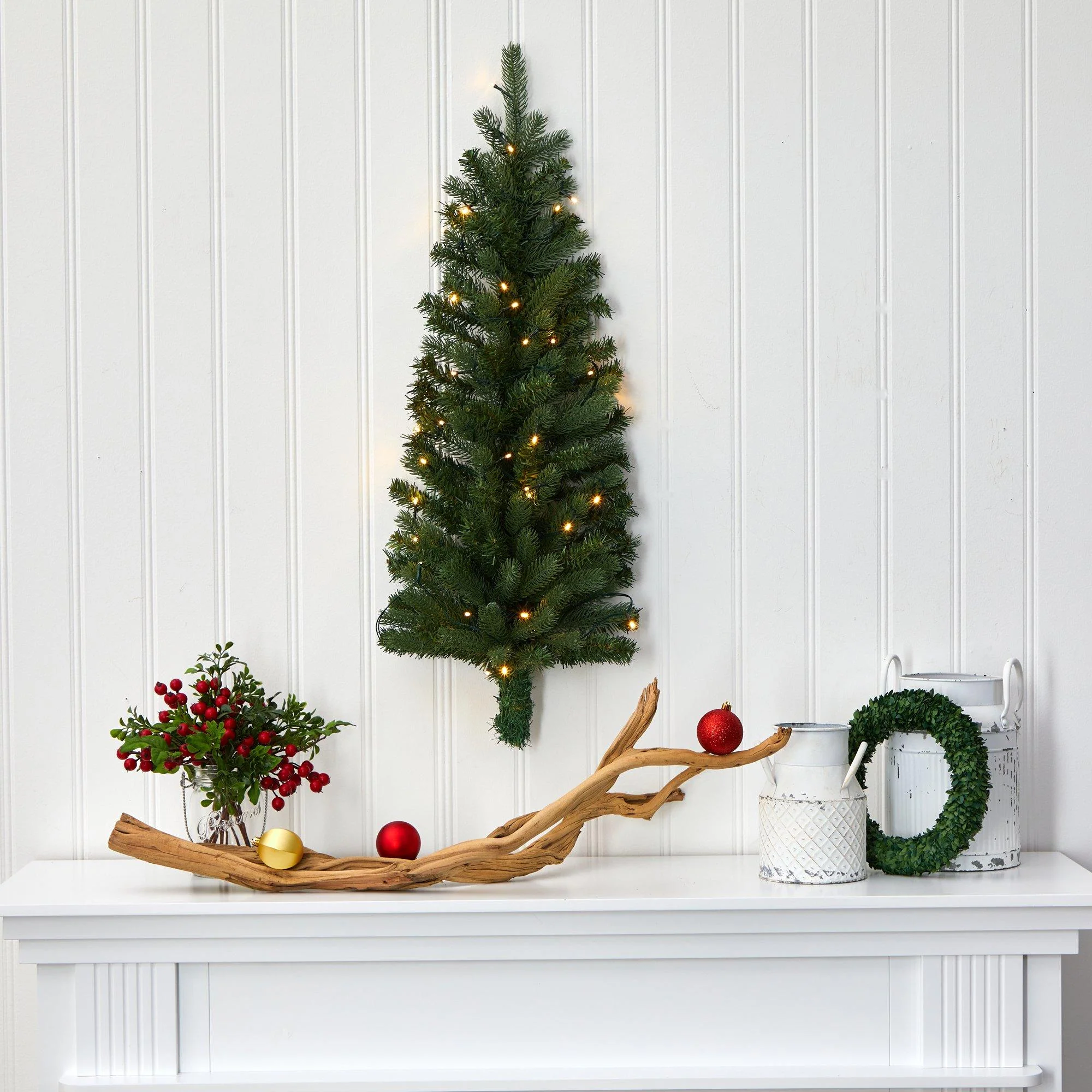 3' Flat Back Wall Hanging Artificial Christmas Tree with 35 Clear LED Lights - Image 6